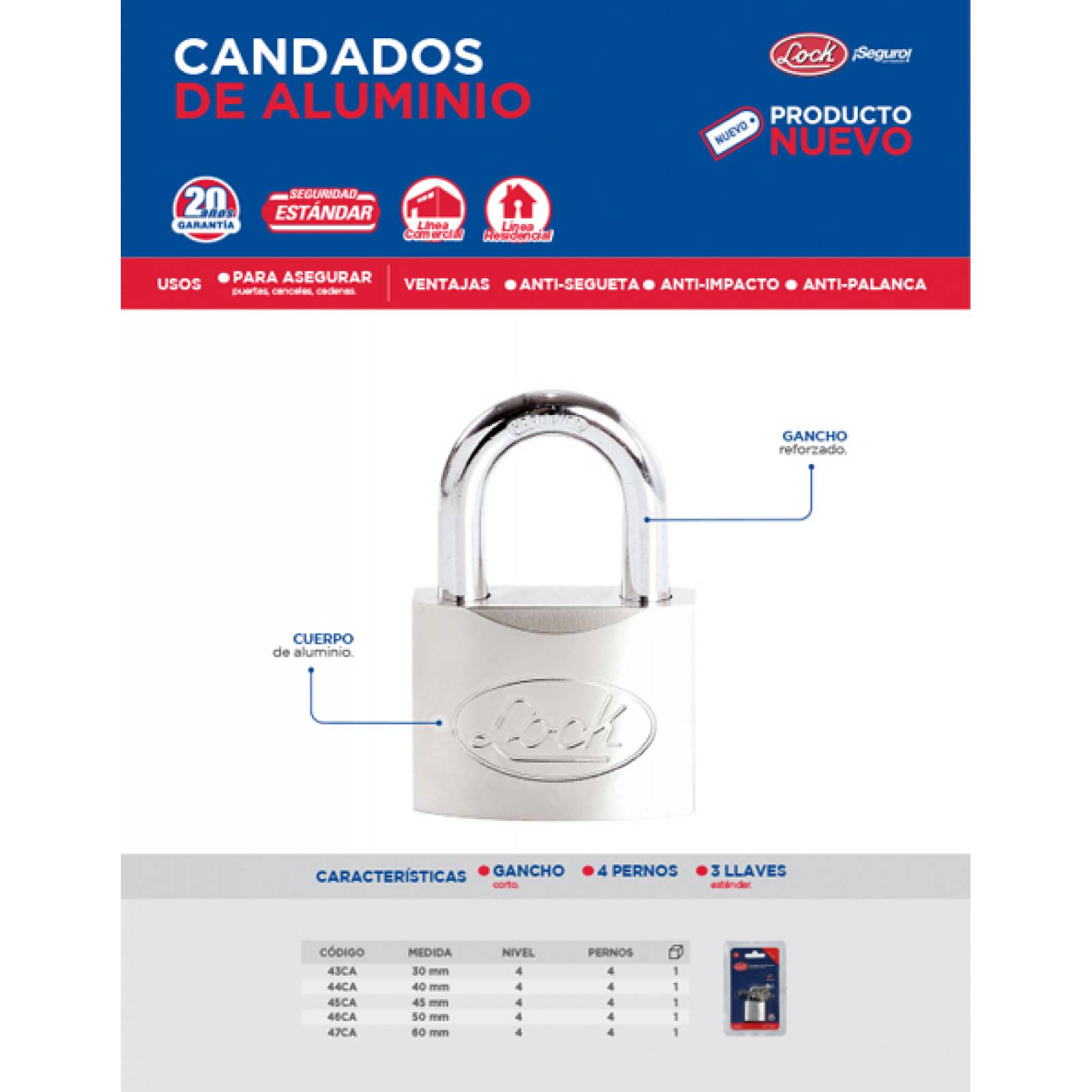 Candado Acero Largo Llave Estándar 2 Piezas Cromo Satinado L 