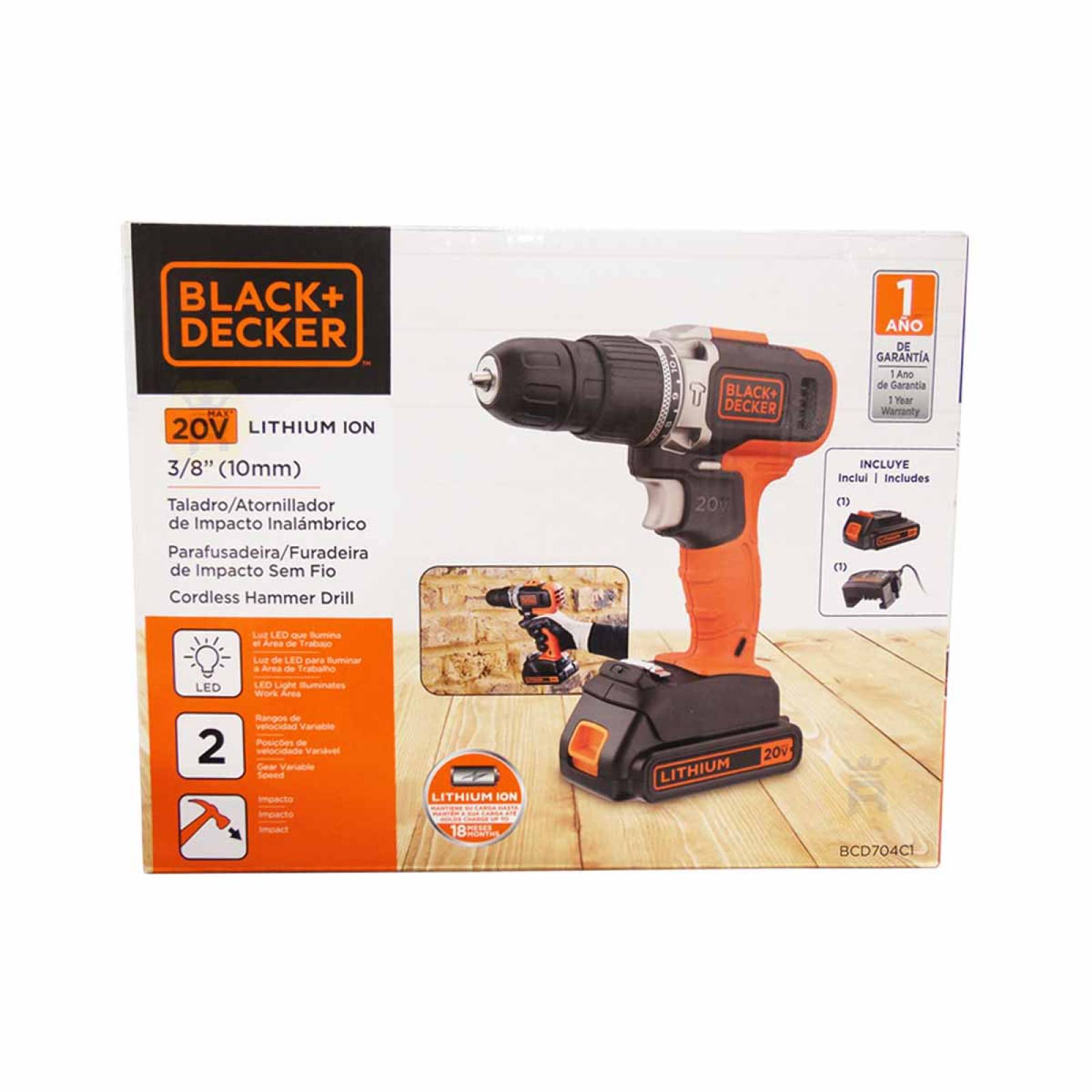 Taladro Atornillador De Impacto Inalambrico 20v 2 Velocidades Ion Litio Bcd704c1 Black And Decker 