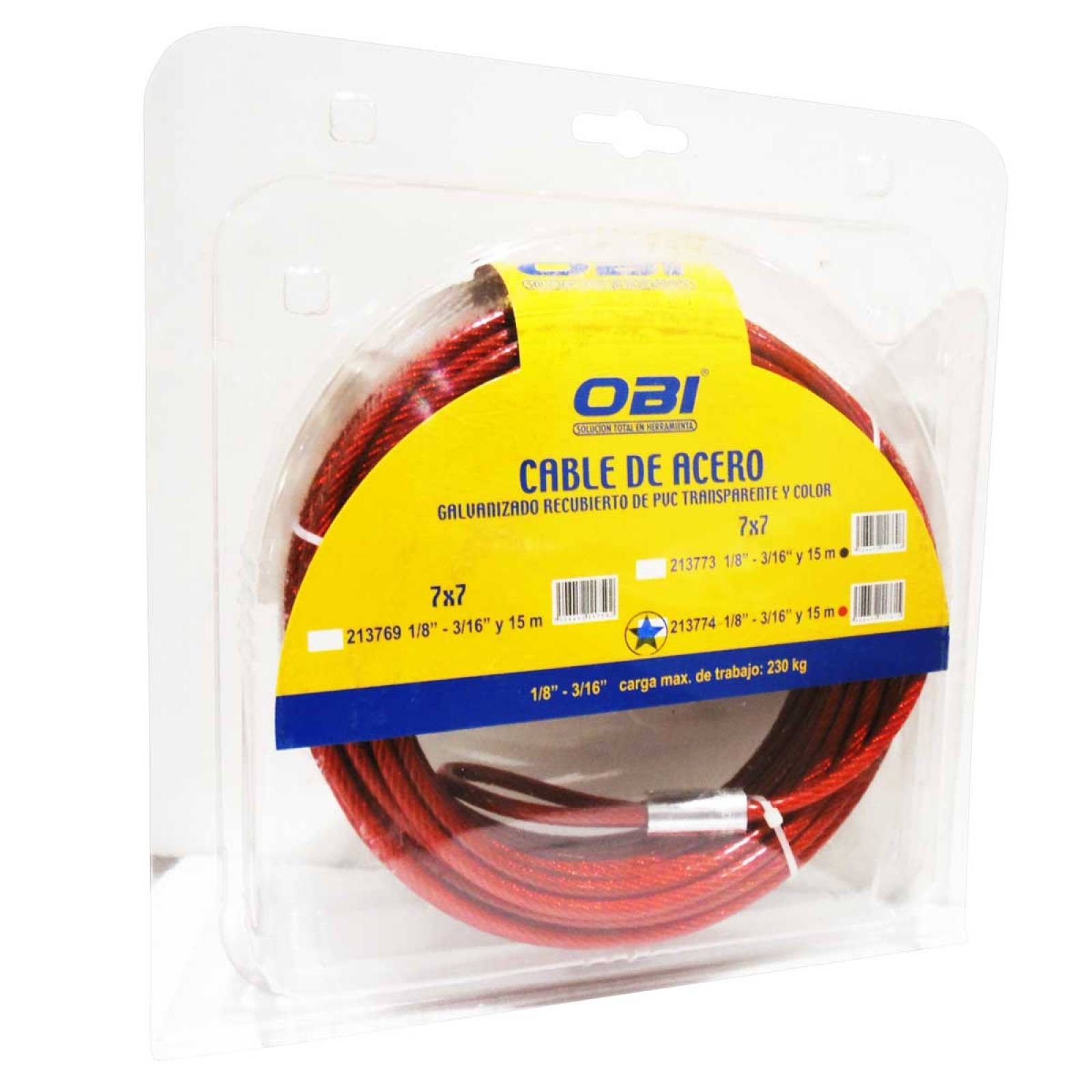 Cable De Colores Acero Con Pvc Blister 7x7 1/8-3/16 15m Obi Rojo Multicolor