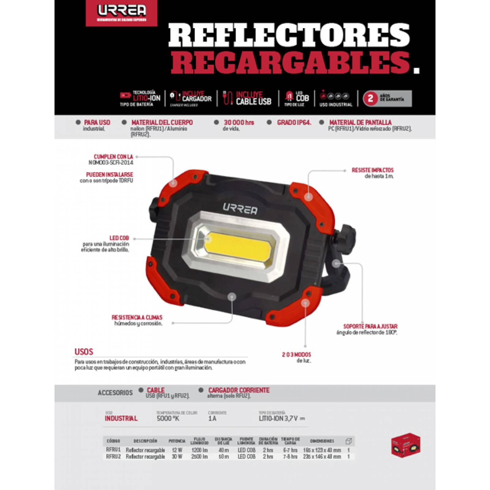 Reflector Industrial Portatil Recargable 1200lm 12w Urrea 