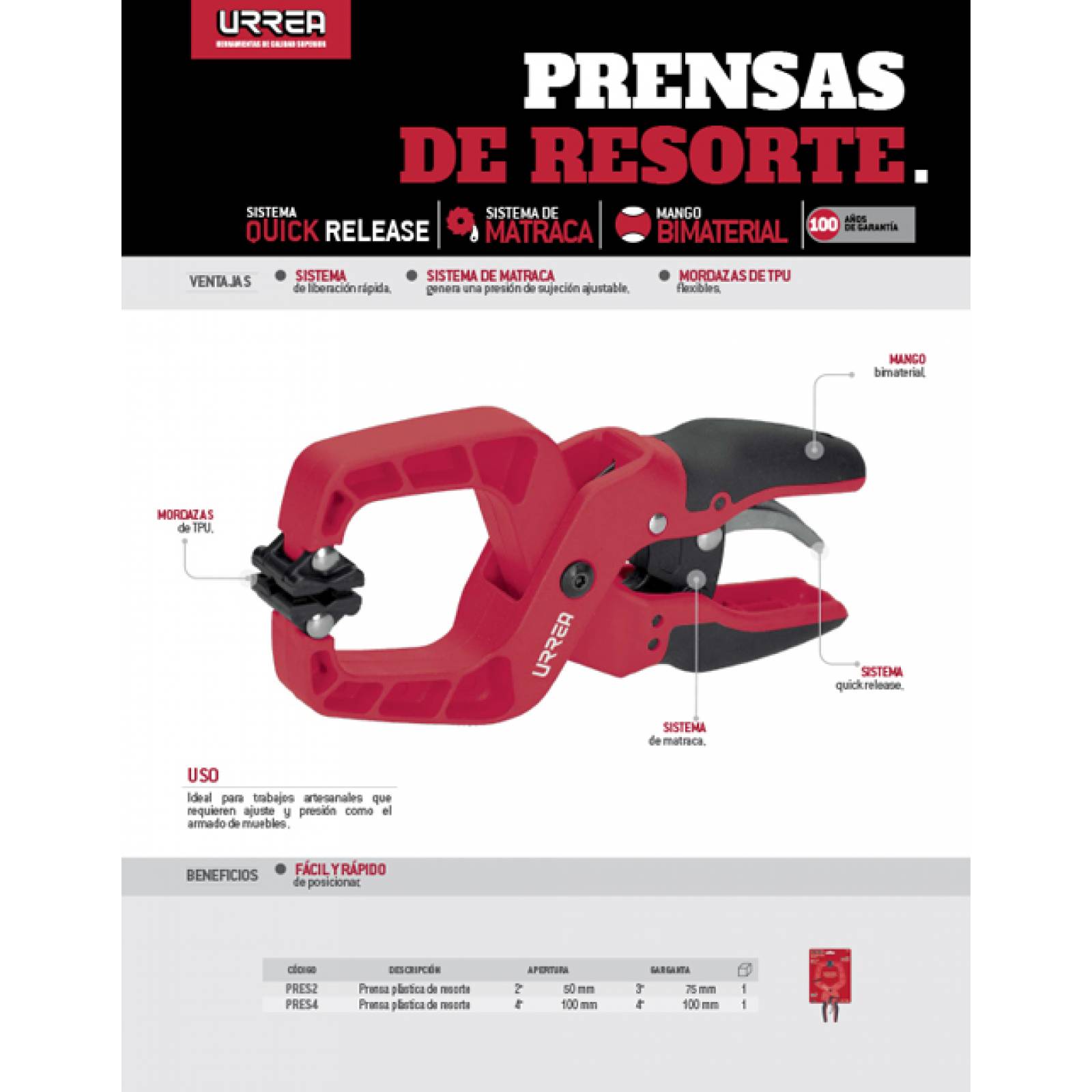 Prensa Plástica Resorte Con Sistema Quick Release 4 Urrea 
