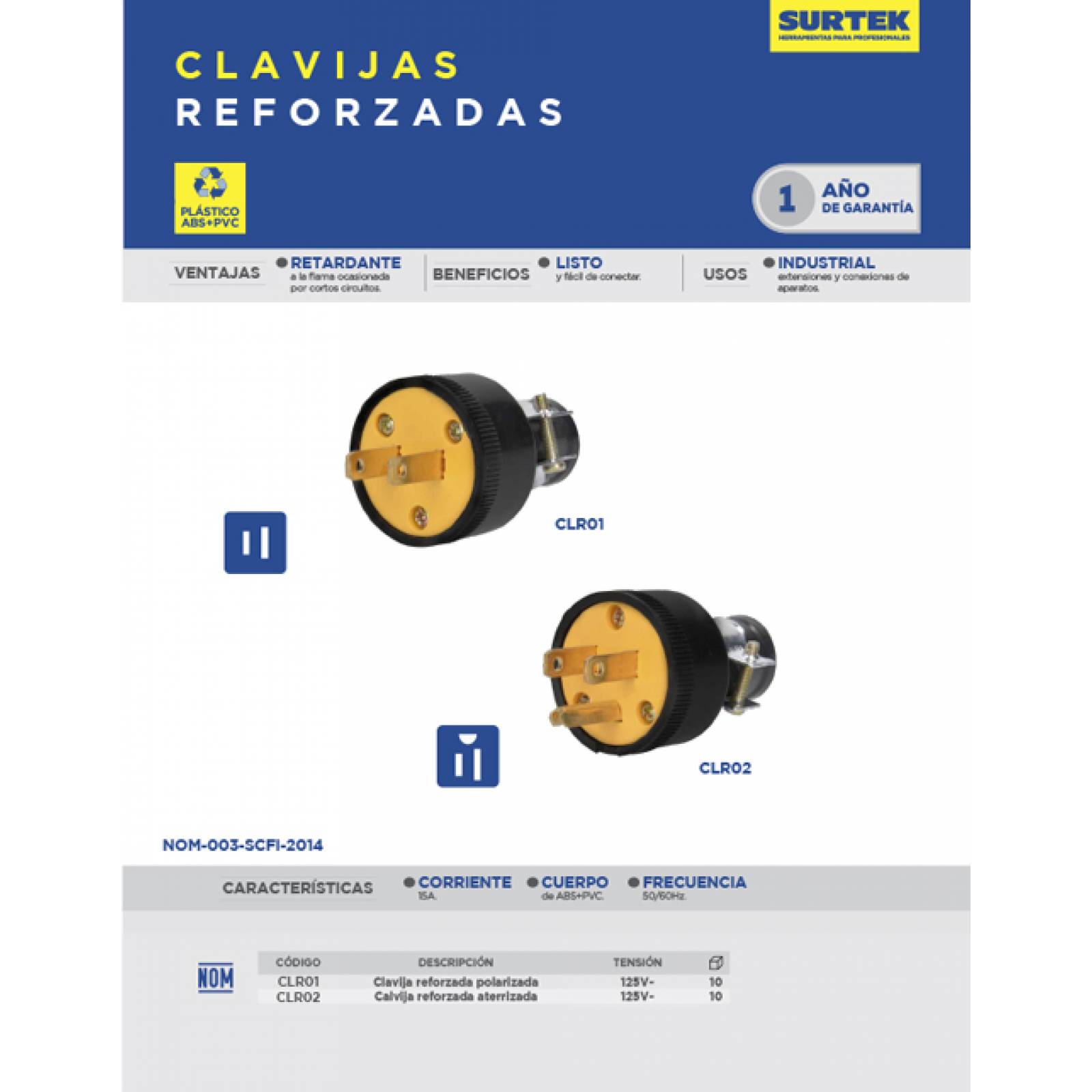 Clavija Electrica Reforzada Aterrizada Abs/pvc Clr02 Surtek 