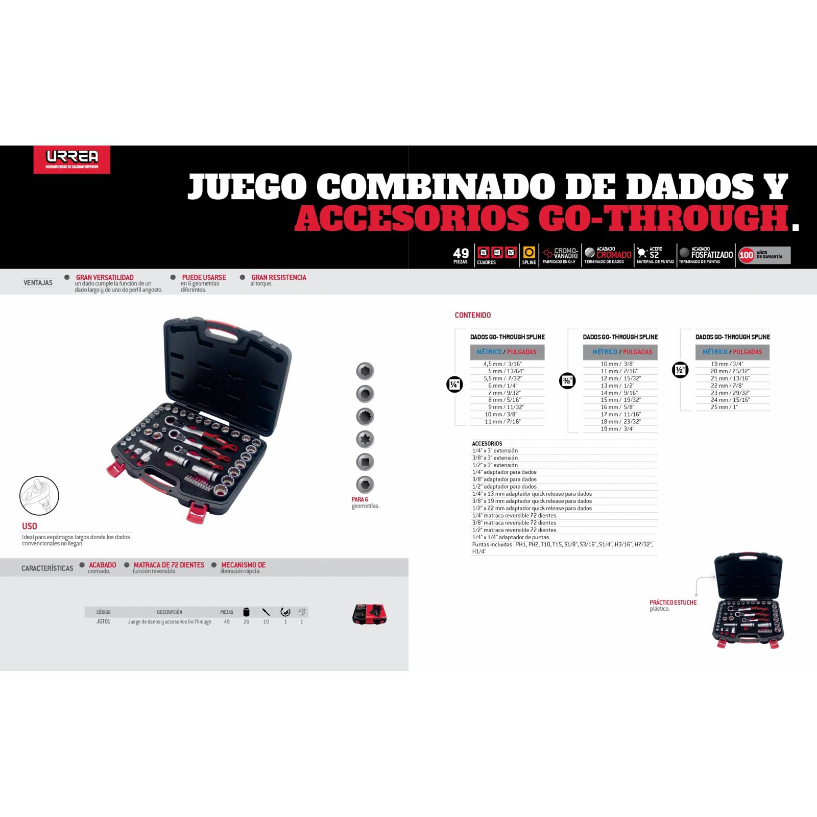 Juego Dados Puntas Matraca Extension 49Pz Go Through Urrea