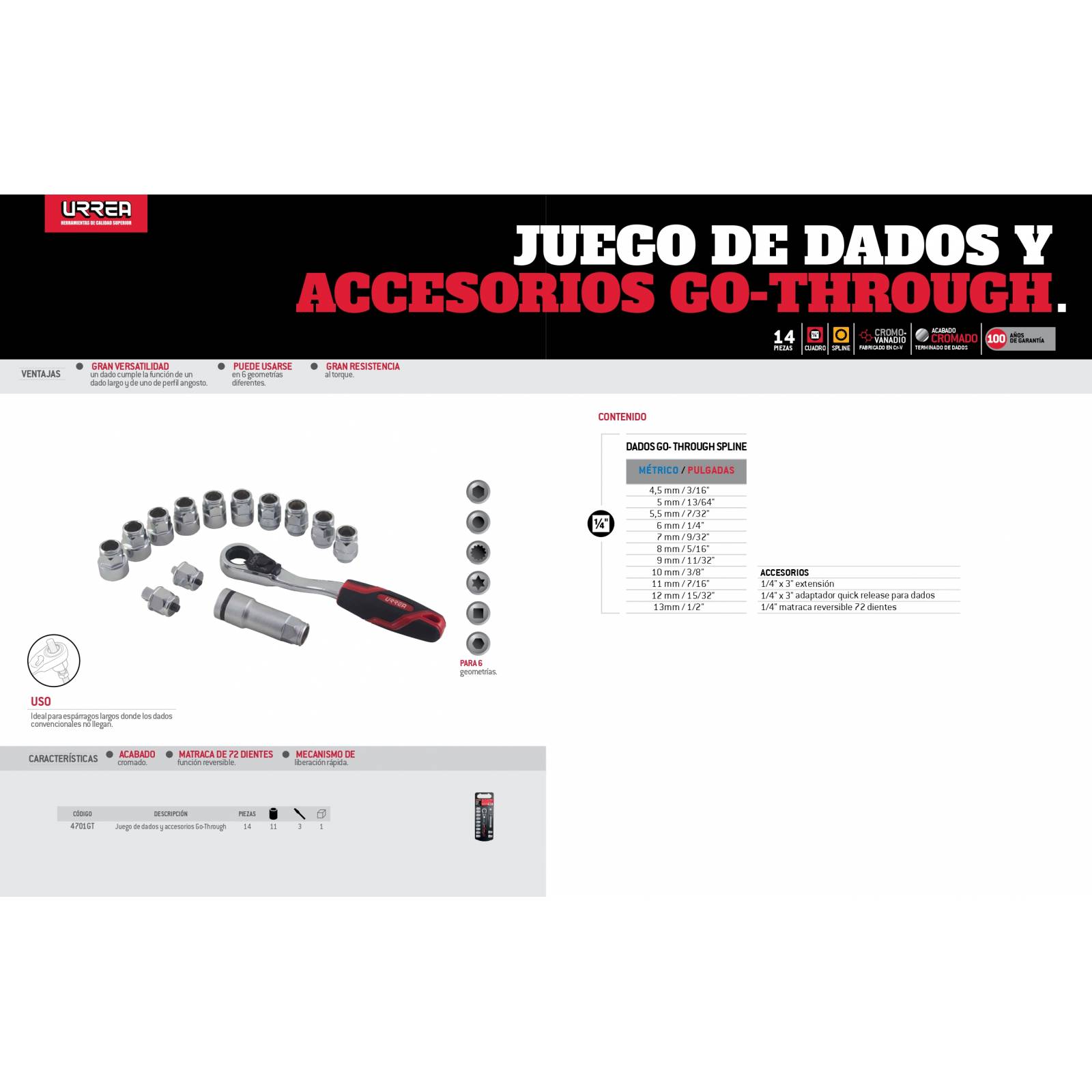 Juego Matraca Dados Extension 1/4 14 Pz Go Through Urrea 