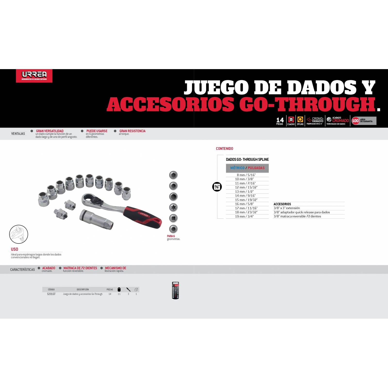 Juego Dados Matraca Extension 3/8 14 Pz Go Through Urrea 