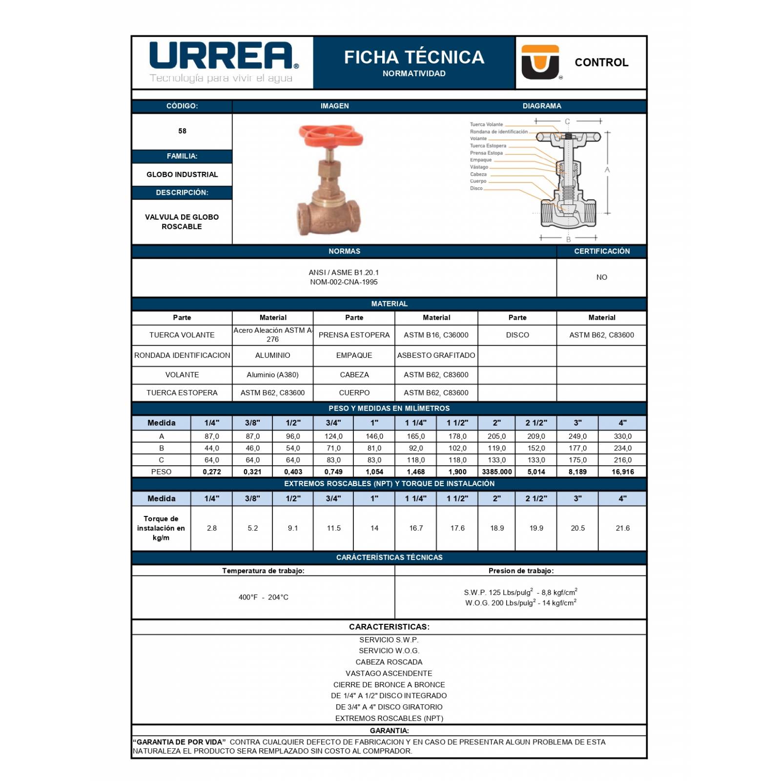 Llave Valvula De Globo Rascable De Bronce 125 Lb 58.13 Urrea 