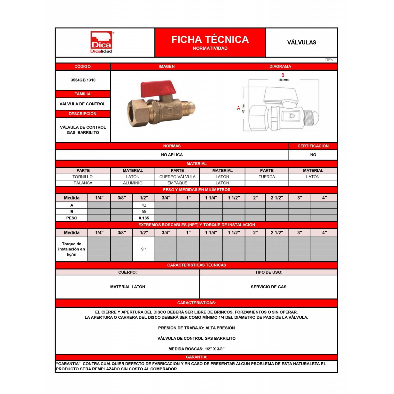 Valvula De Control Para Gas Con Bartillo 3554Gb.1310 Dica 