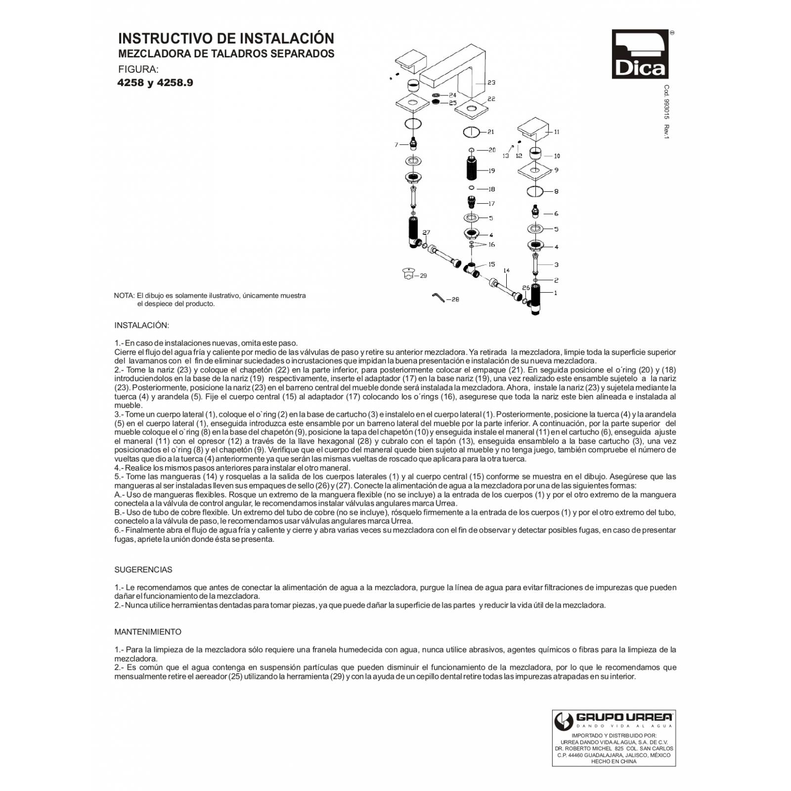 Mezcladora Para Lavabo Manerales Separados Cromo 4258 Dica