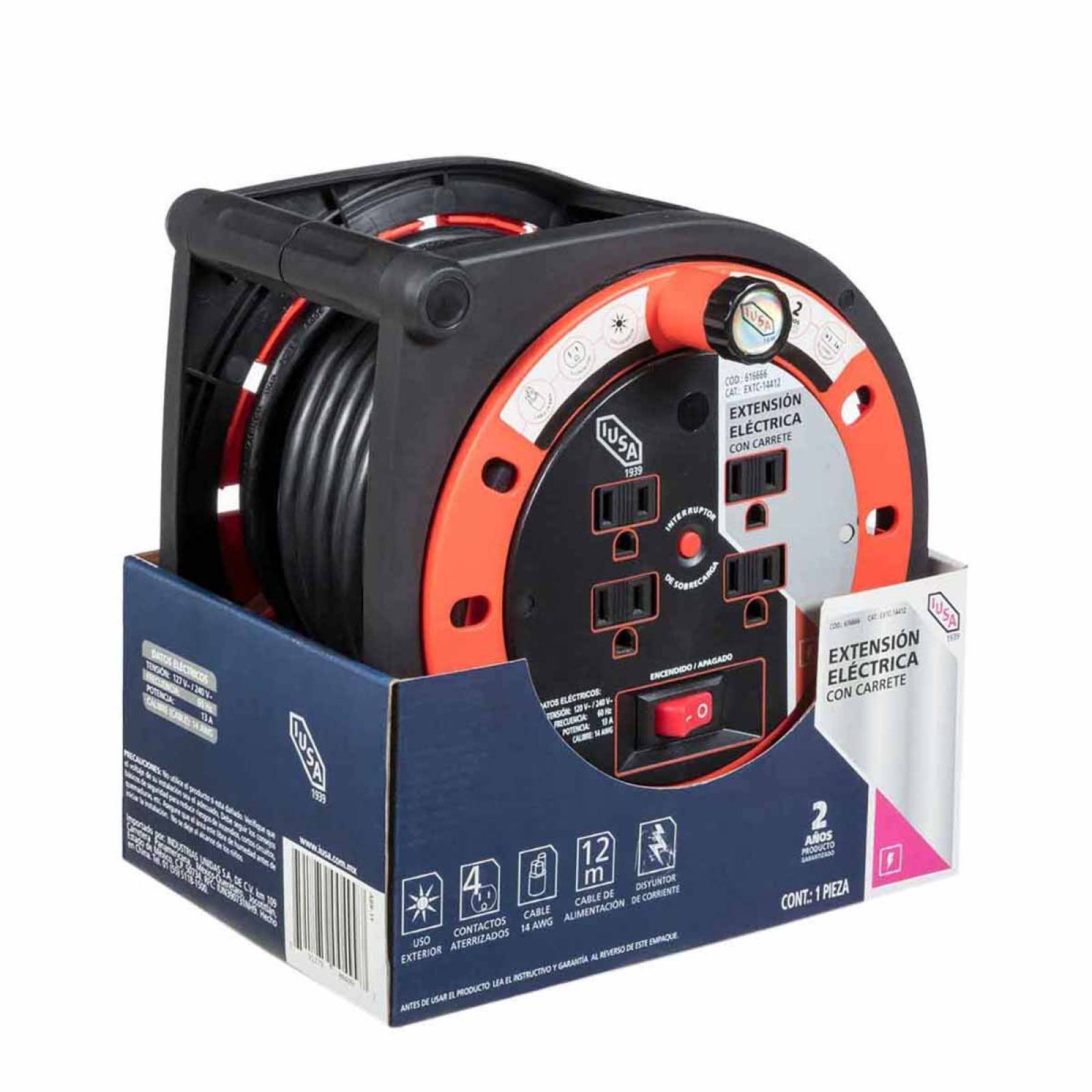 Extension Electrica 14 Awg Con Carrete 12 M 4 Entradas Iusa