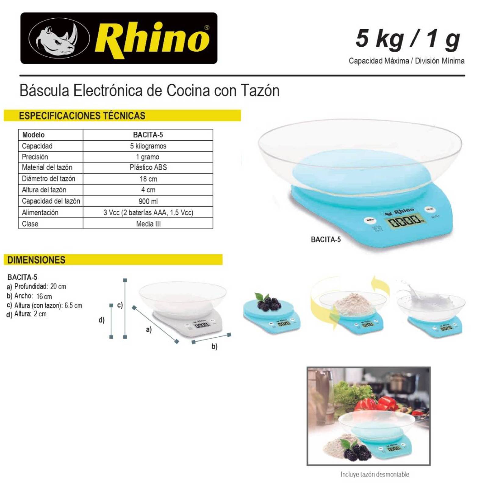 Bascula Gramera De Cocina  Electronica 5 kg BACITA-5 Rhino