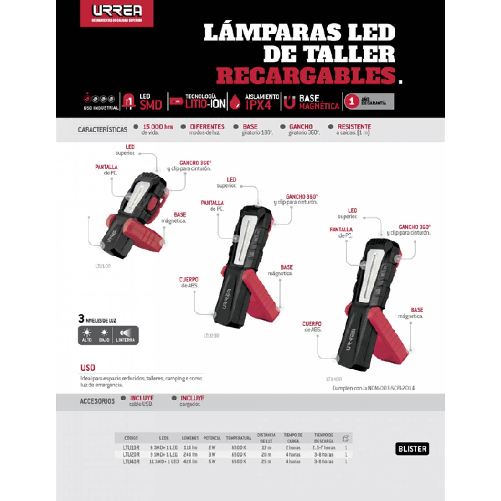 Lampara De Taller Recargable 420lm Grado Ipx4 Uso Rudo Urrea