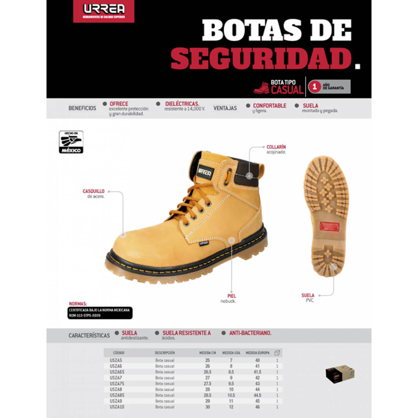 Botas Seguridad Casuales Casquillo Acero Talla 8.5 MX Urrea