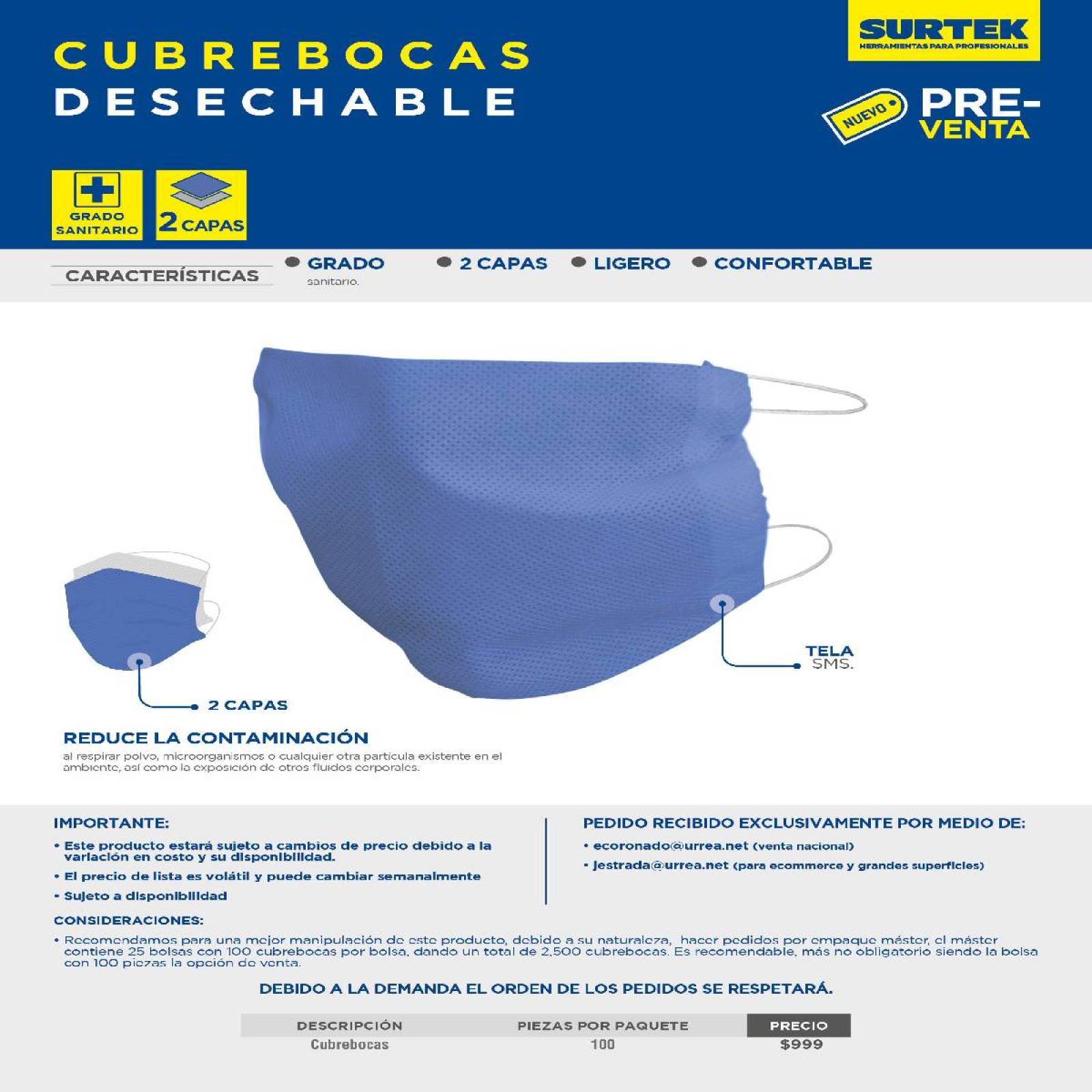 Cubrebocas Mascarilla Desechable 2 Capas 100 Piezas Surtek 