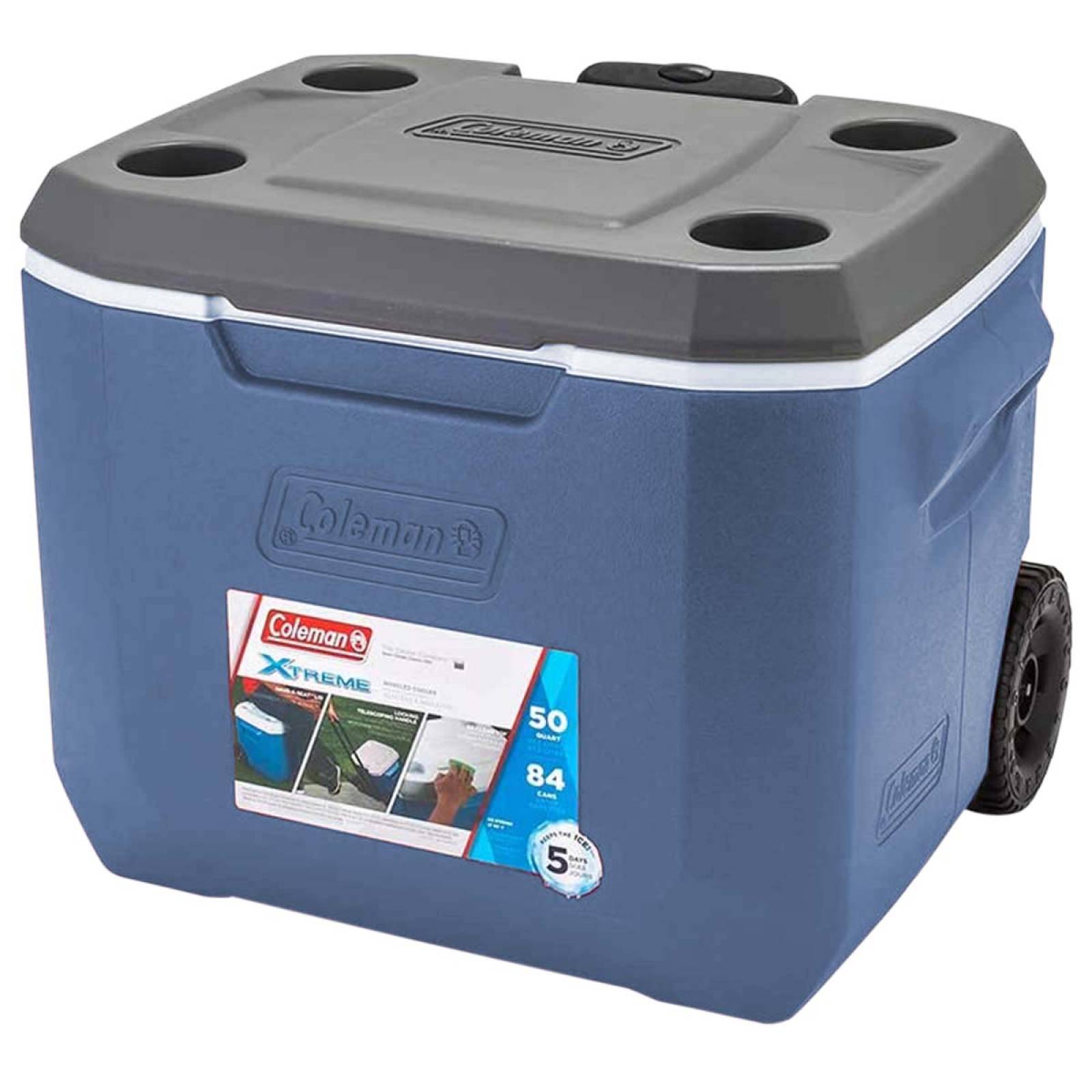 Hielera Ruedas Portavaso Azul 50 Qt Xtreme 84 Latas Coleman