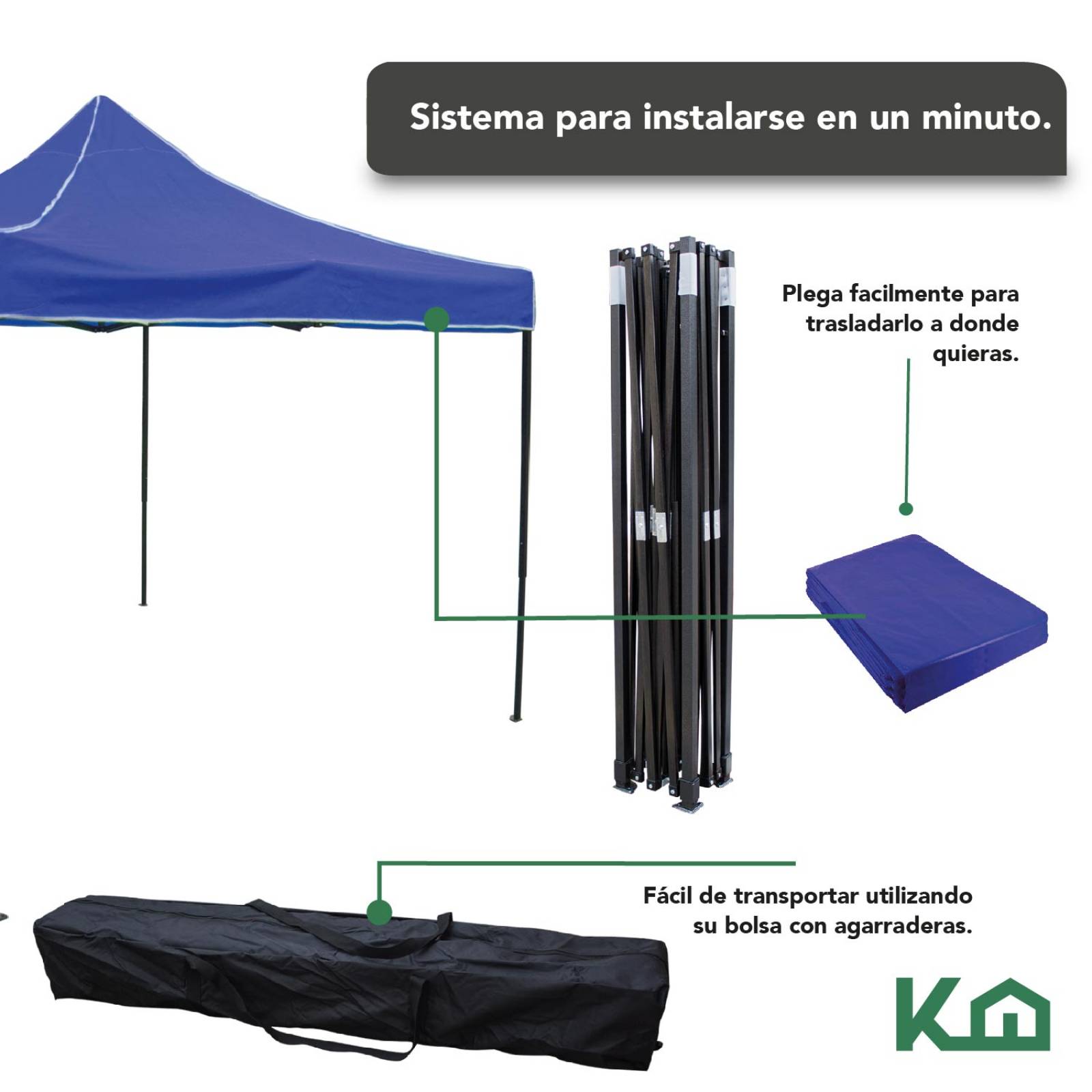 Toldo Carpa Plegable 3x3m Lona Impermeable Azul Acero Bolsa