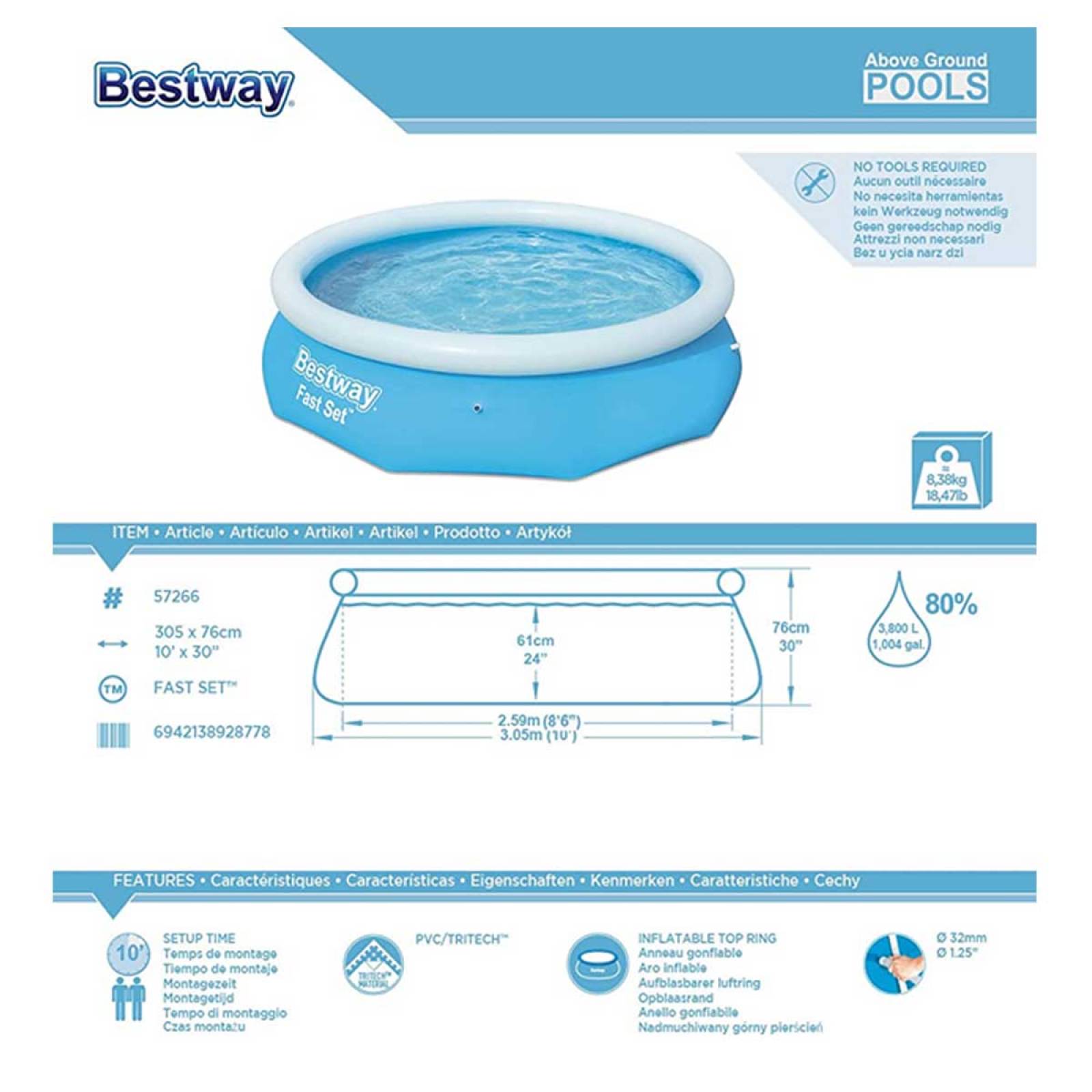 Alberca Piscina Inflable Redonda 305 X 76cm Fast Set Bestway 