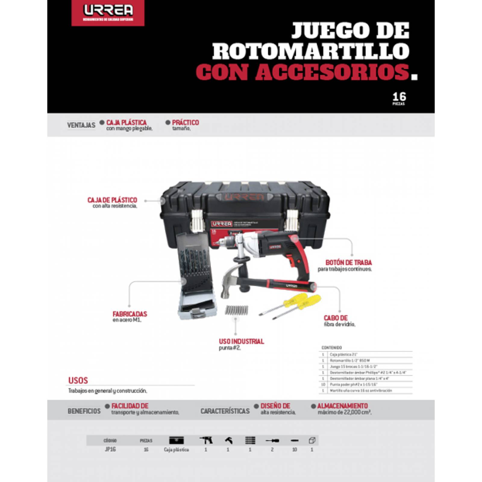 Jgo. De Rotomartillo Accesorios 16pz Con Caja Plastica Urrea 