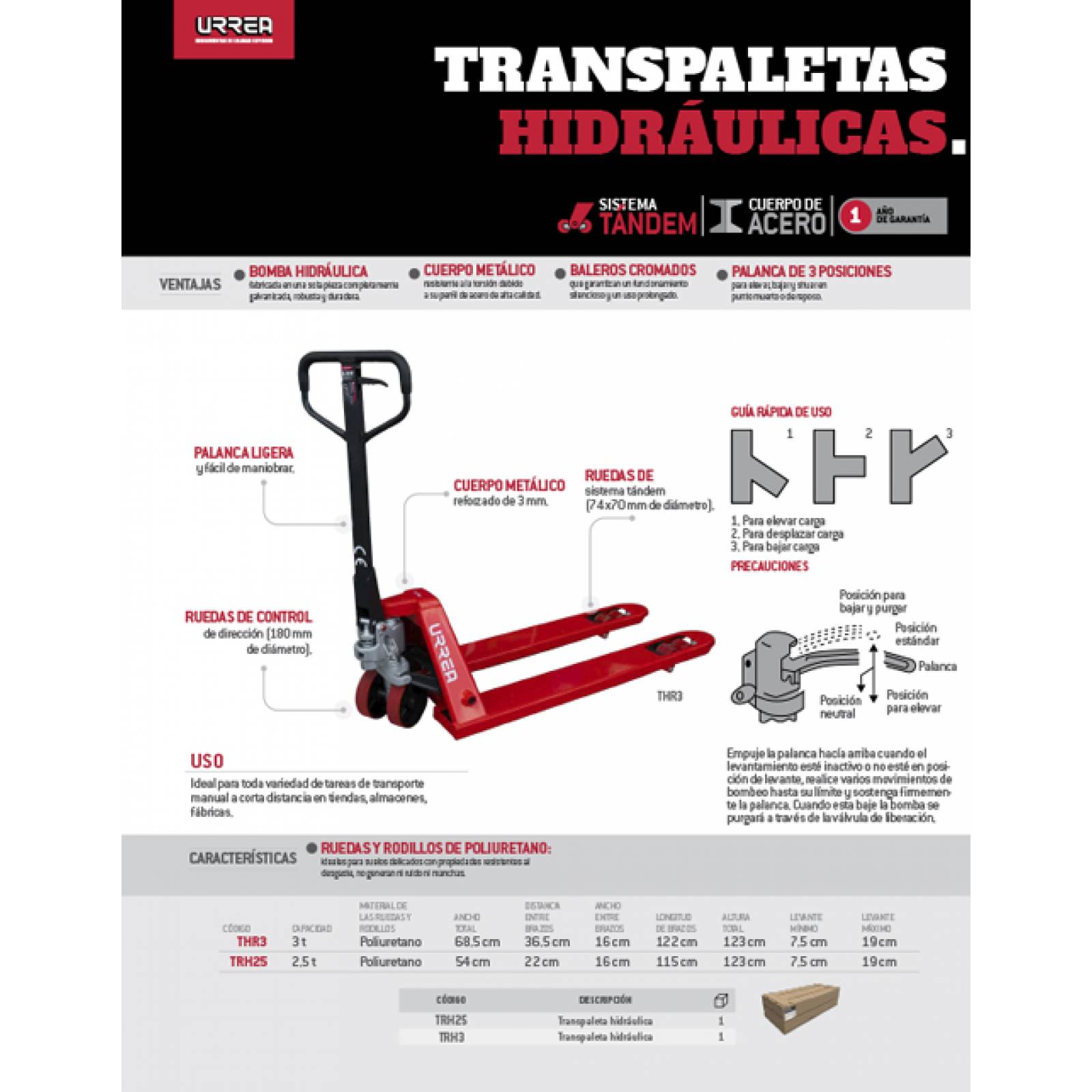 Patin Hidraulico Traspaleta De 3ton Con Sistema Tandem Urrea 