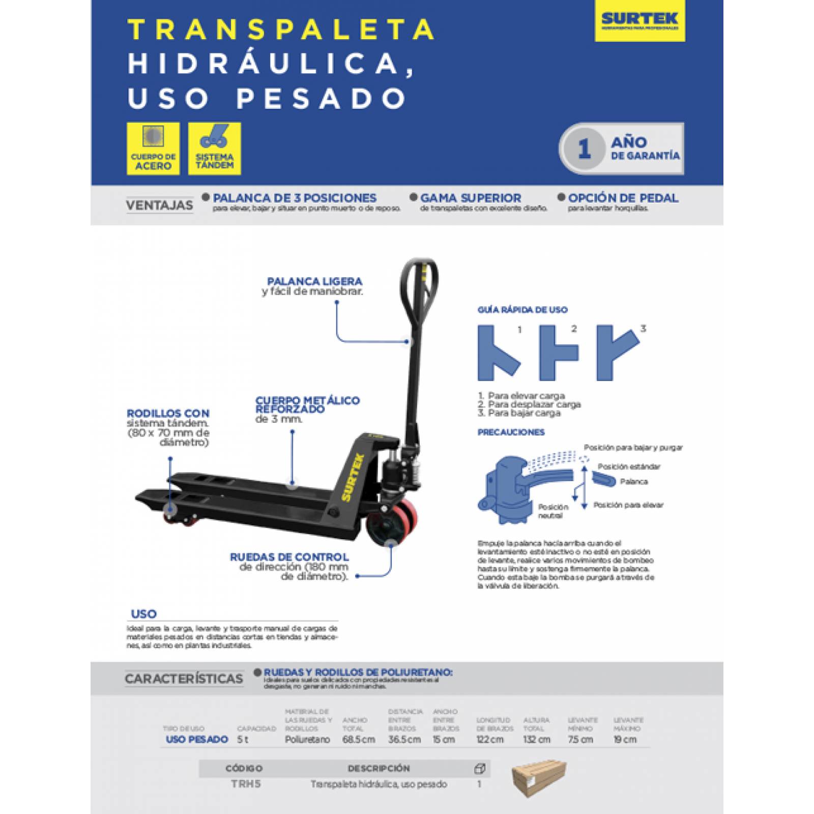 Patin Hidraulico Traspaleta Uso Pesado 5ton Tandem Surtek 