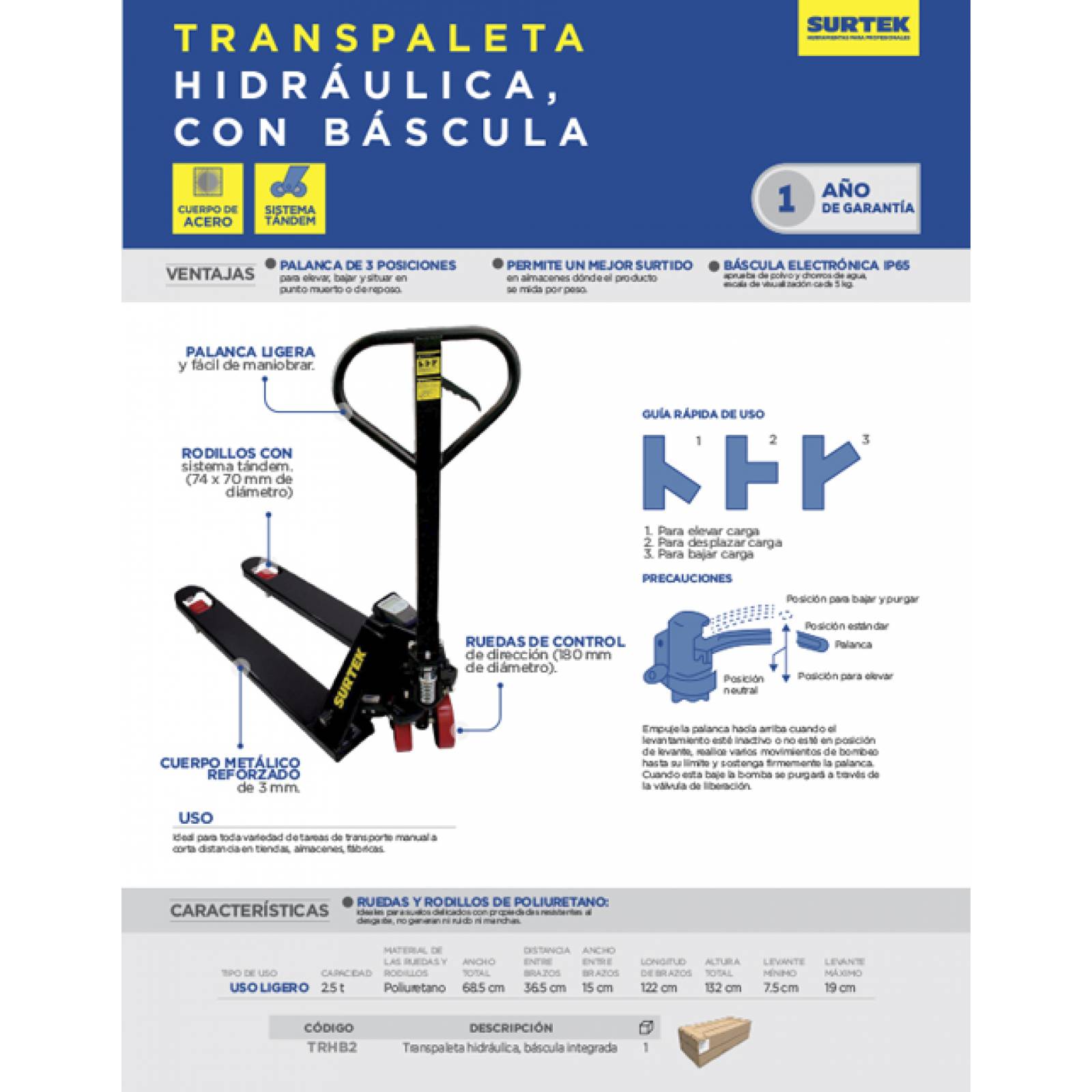 Transpaleta Patin Hidraulico Bascula 2 De Toneladas Surtek 