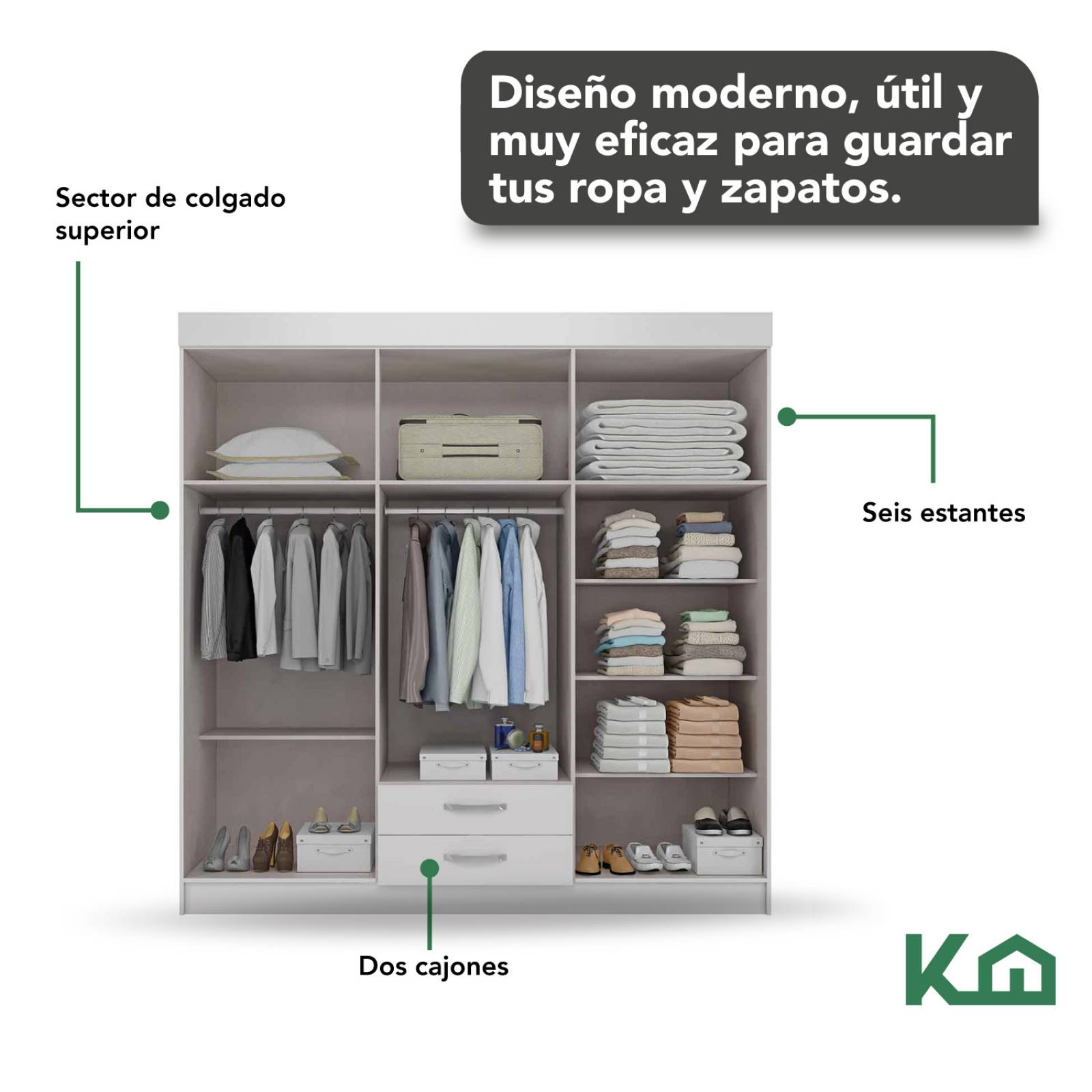 Ropero Closet Armario Mueble Moderno 6 Puertas 2cajones Casa