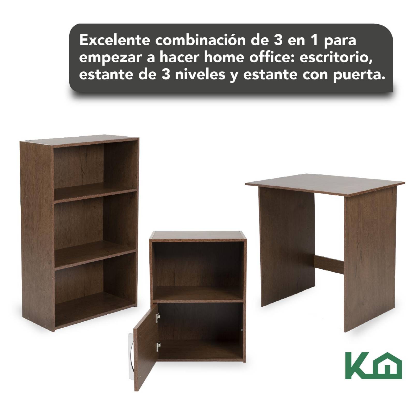 Combo Escritorio + Estante 3 Niveles + Estante Casa Oficina Tabaco