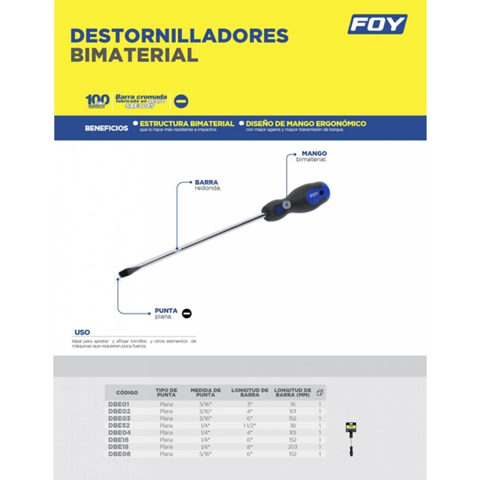 Destornillador Bimaterial Plano Resist A Impactos 3/16x4 Foy 