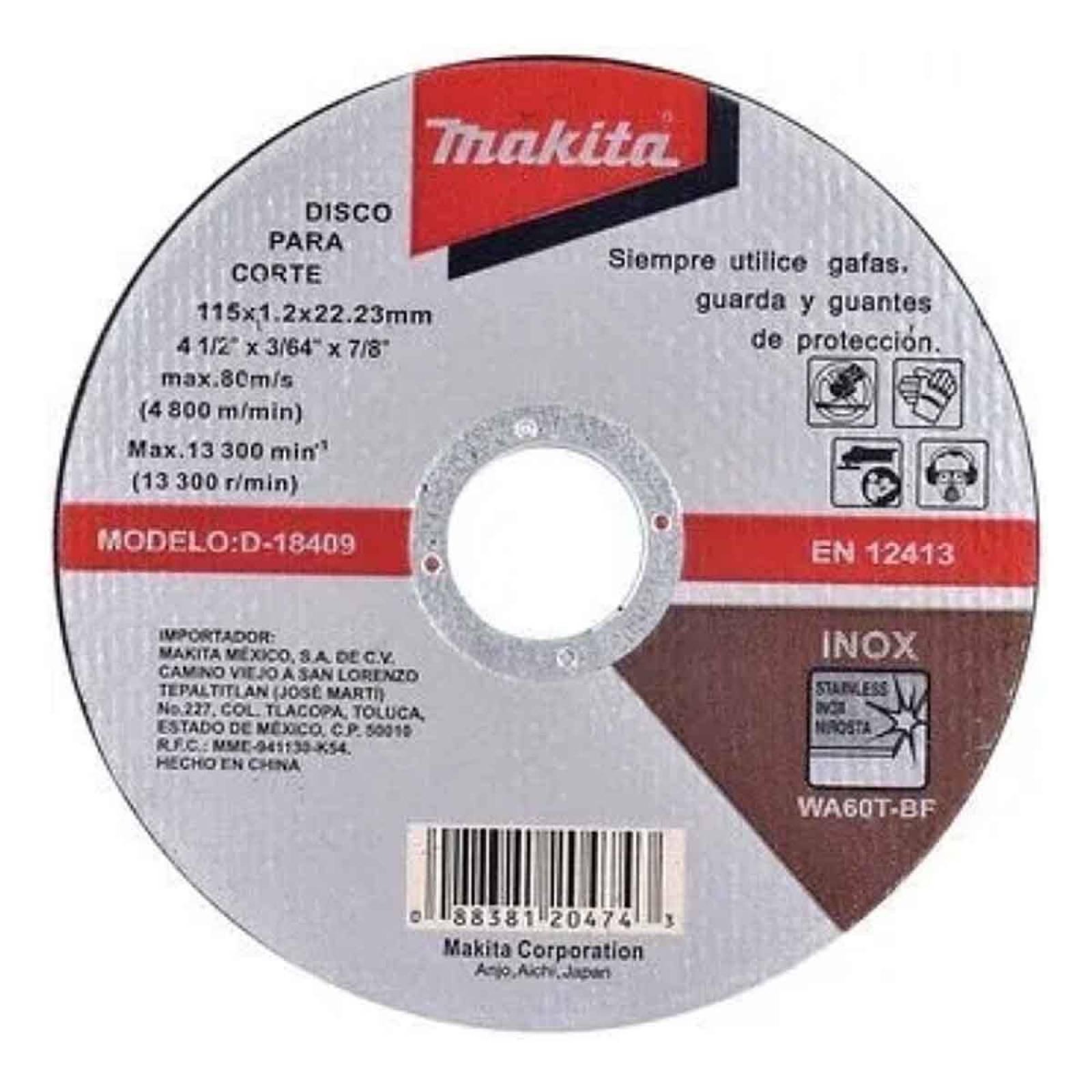 Disco Abrasivo Para Corte Acero Inox 4-1/2 x 1mm x 7/8' B-12457 Makita 