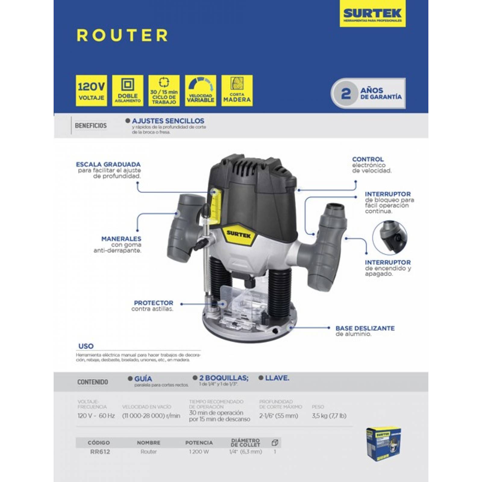 Router Fresadora Rebajadora Para Madera 1/3 In 1/4 In Surtek 
