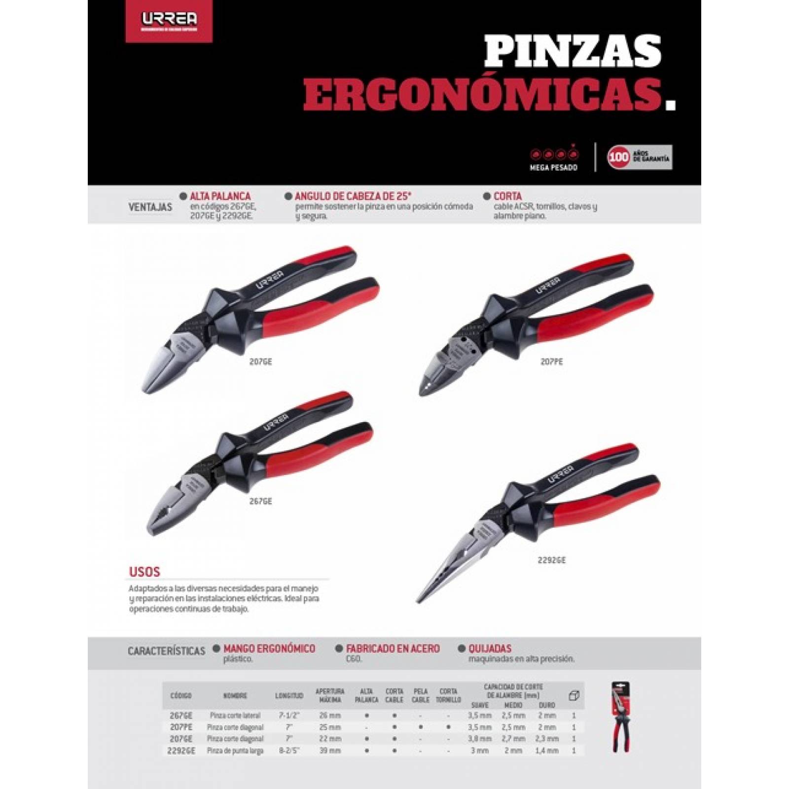 Pinza Punta Larga Electrisista 8 5/8 In Cable Alambre Urrea 