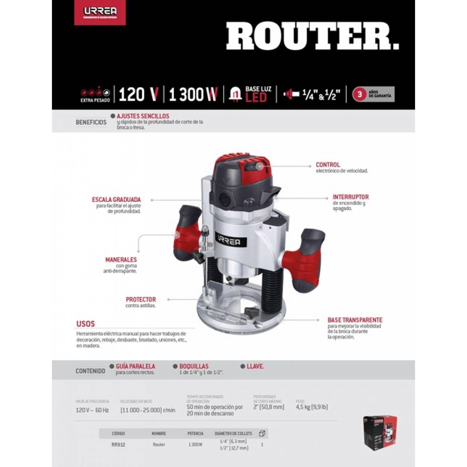 Router Fresadora Rebajadora Madera Plastico 1/2in1/4in Urrea 