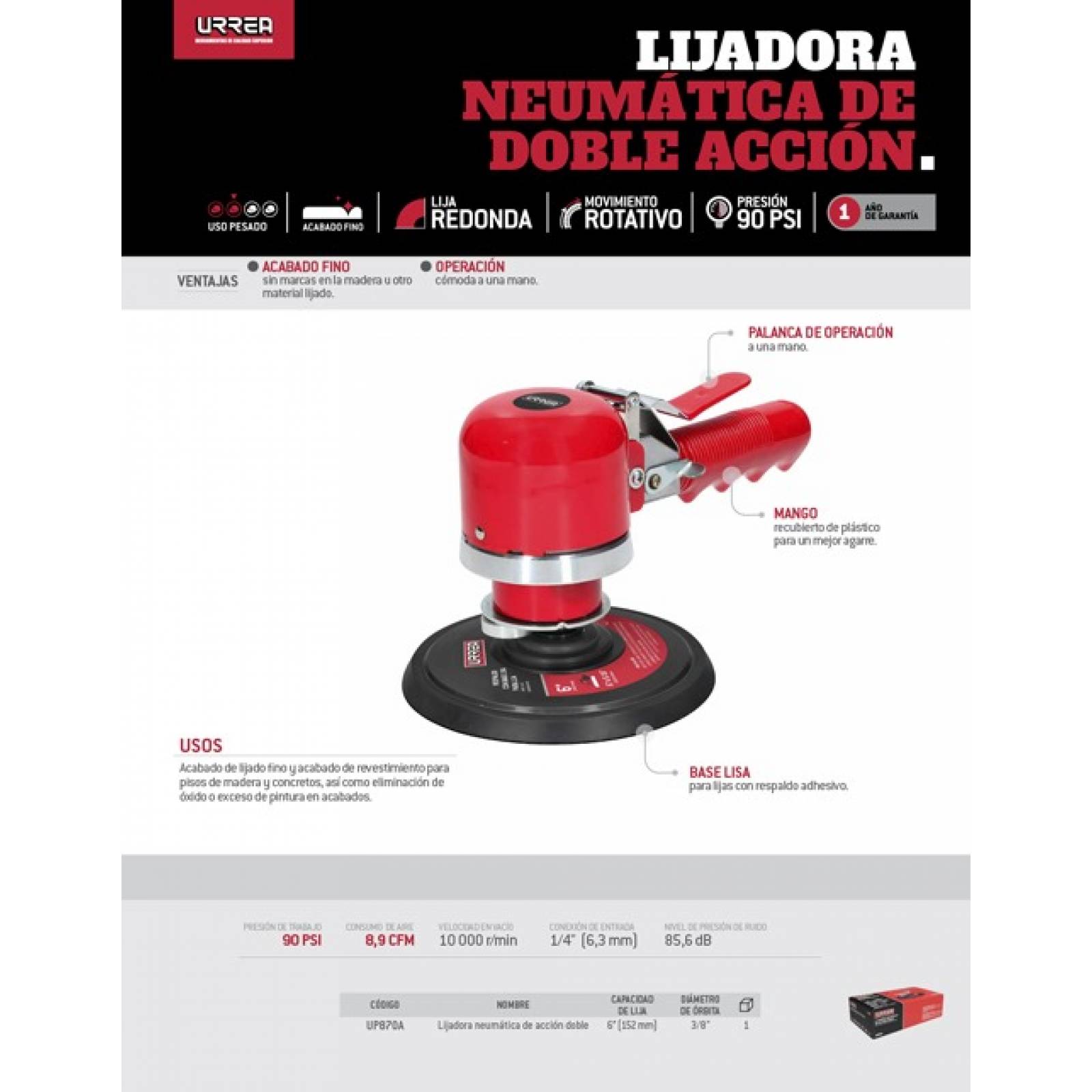 Lijadora Roto Orbital Neumatica 6in 90psi Metal Madera Urrea 