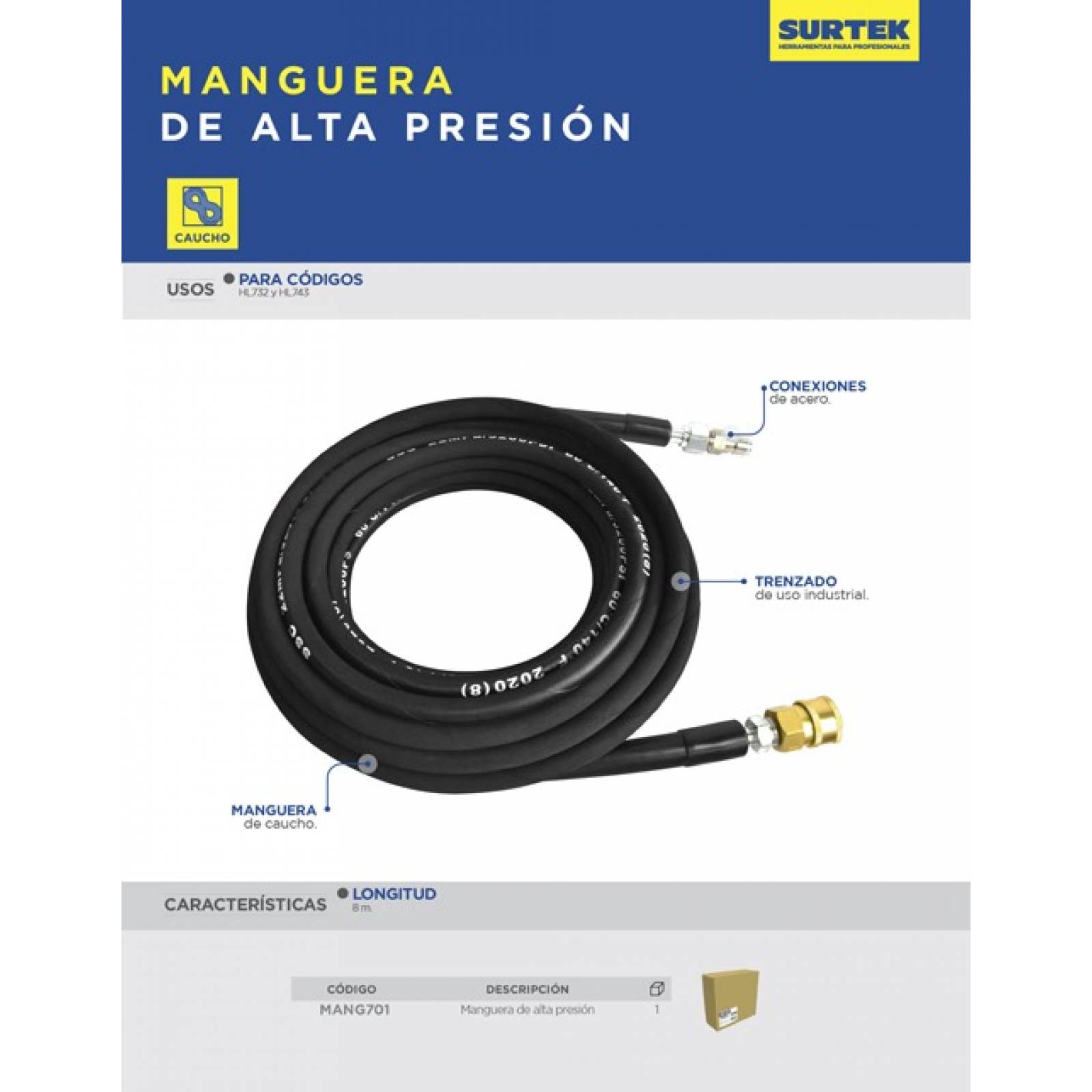 Manguera Alta Presion Hidrolavadora Industrial Hogar Surtek 