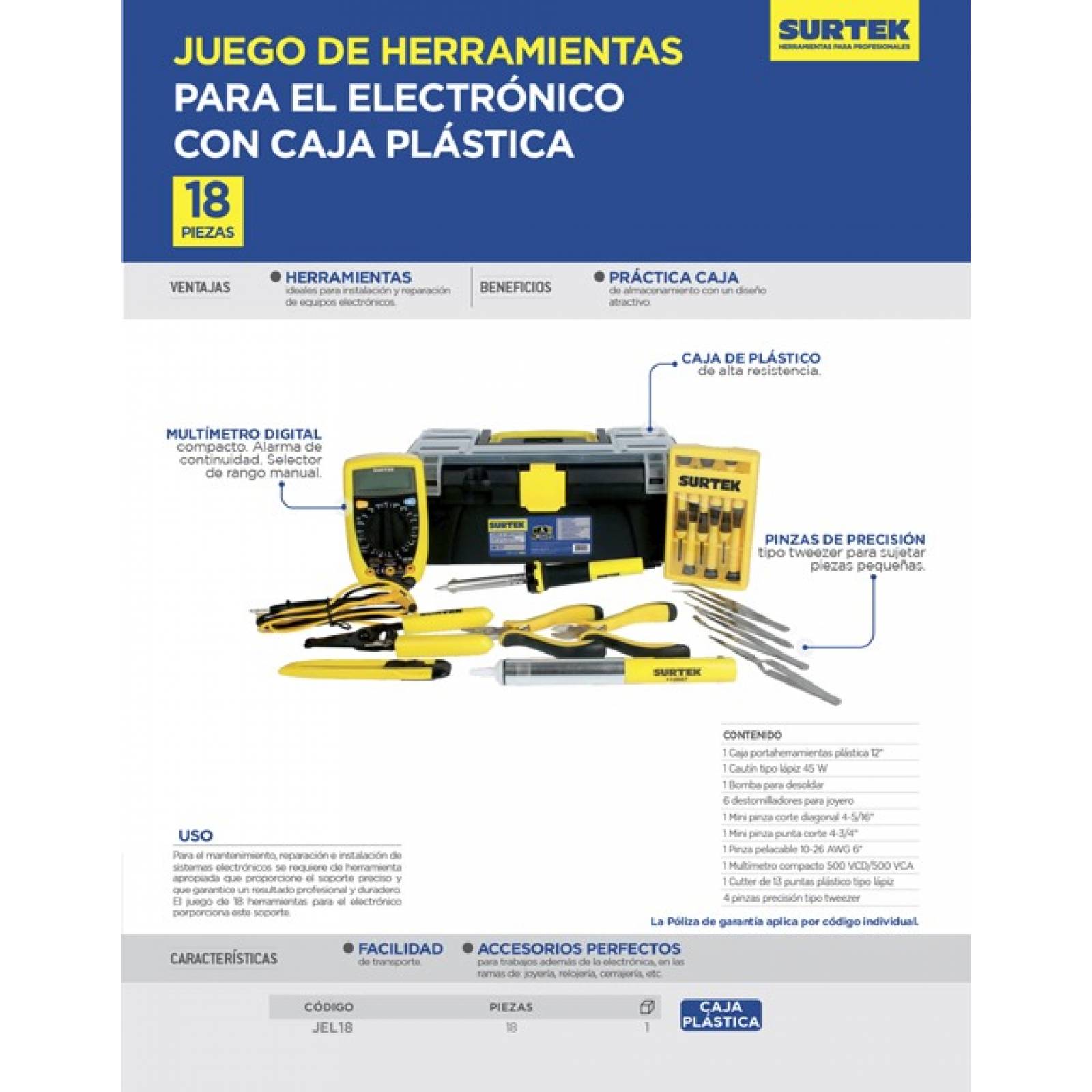 Kit Juego Herramientas 18pz Electronica + Caja Casa Surtek 