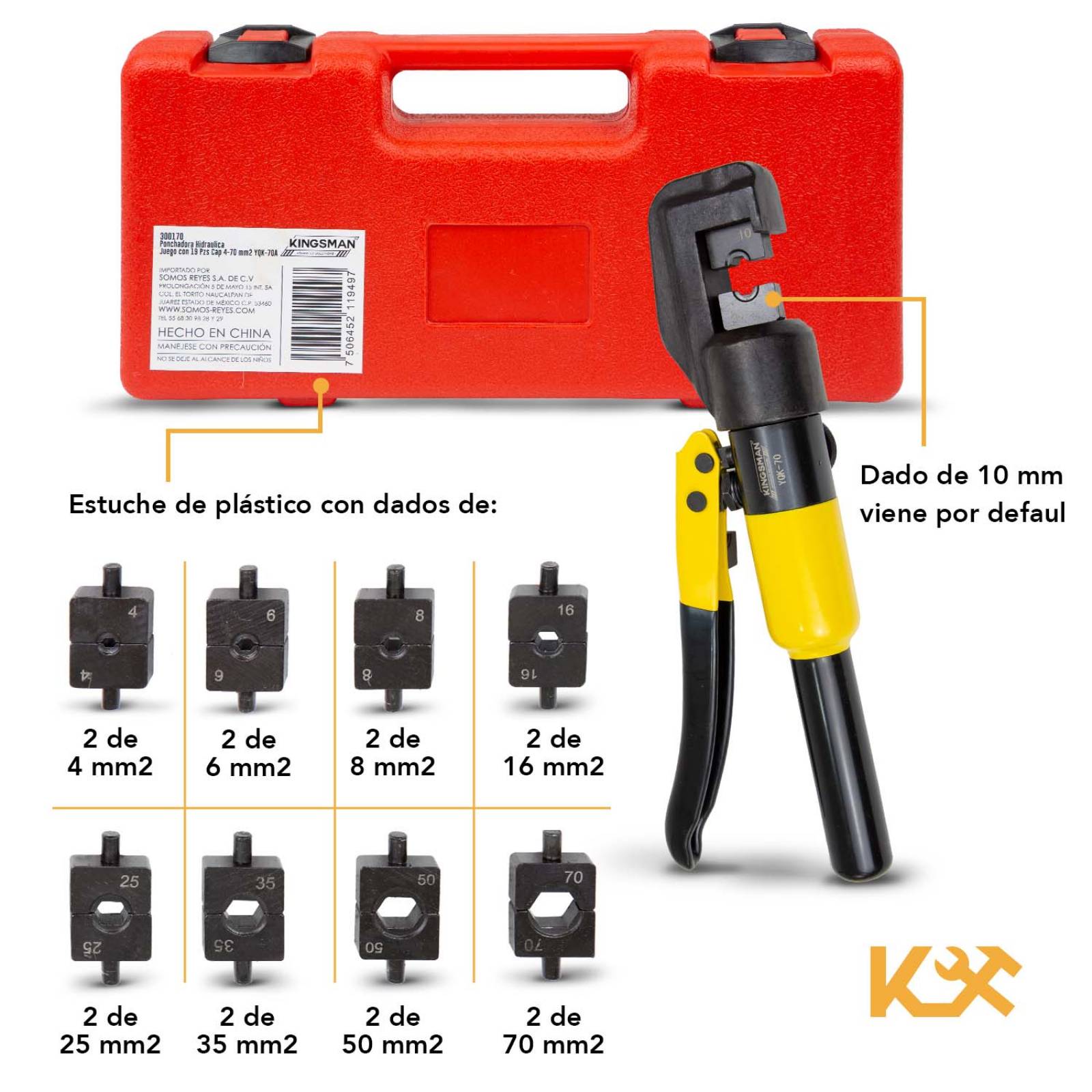 Ponchadora Pinza Hidraulica 8 Ton Kit 19pzs 4-70mm2 Kingsman 