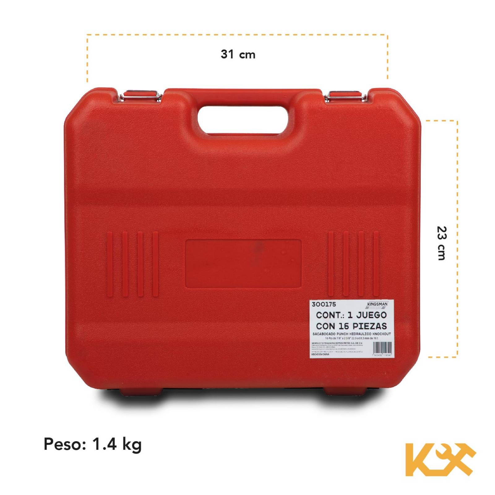 Sacabocado Punch Hidraulico KnockOut Juego de 16 Pcs de 7/8" a 2 3/8" 22.5 a 61.5 mm de 10 t Kingsma 