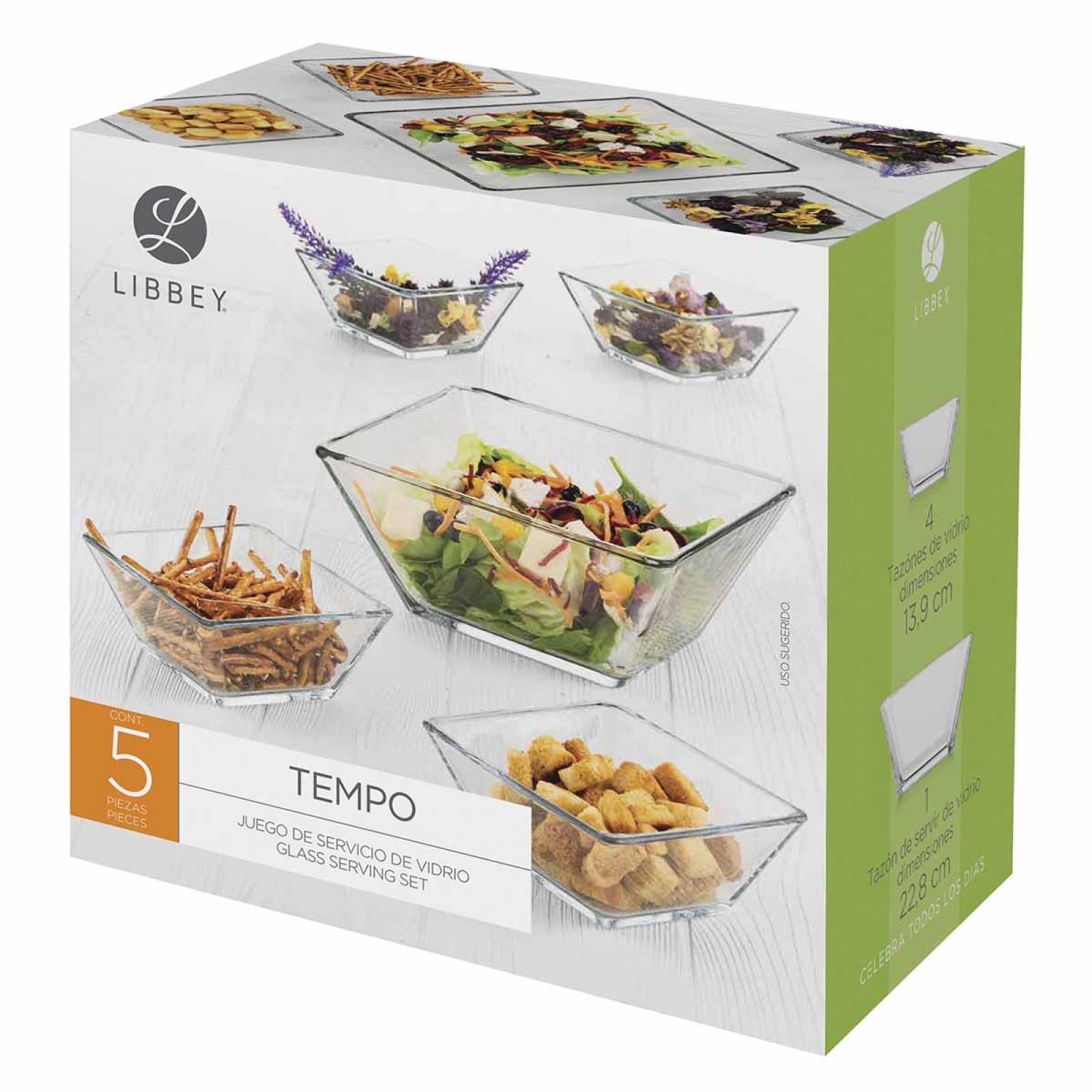 Juego Tazon Platon Bowl Ensaladera Tempo Vidrio 5 Pzs Libbey 
