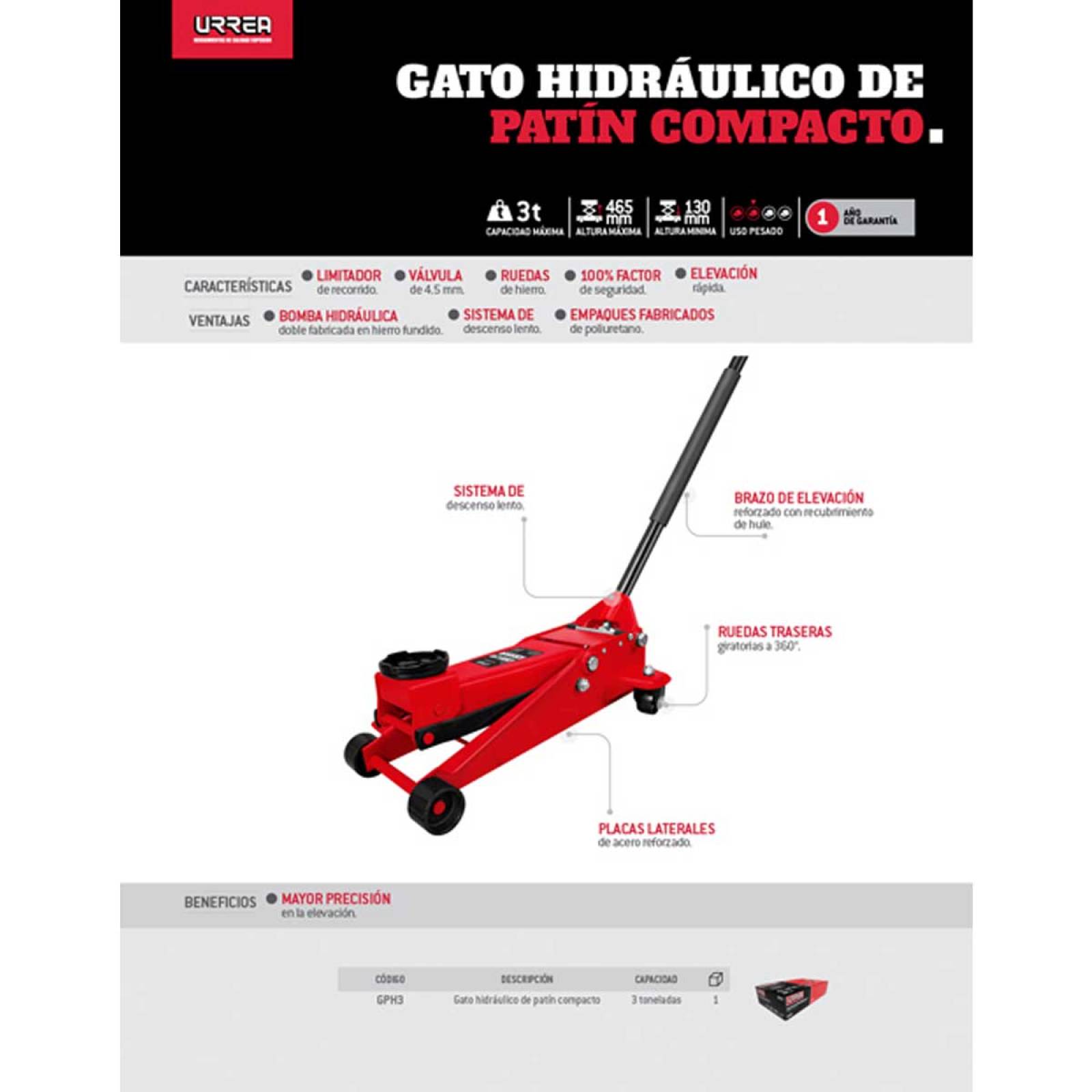 Gato Patin Hidráulico 3 Ton Levanta 46cm Mecanico Auto Urrea 