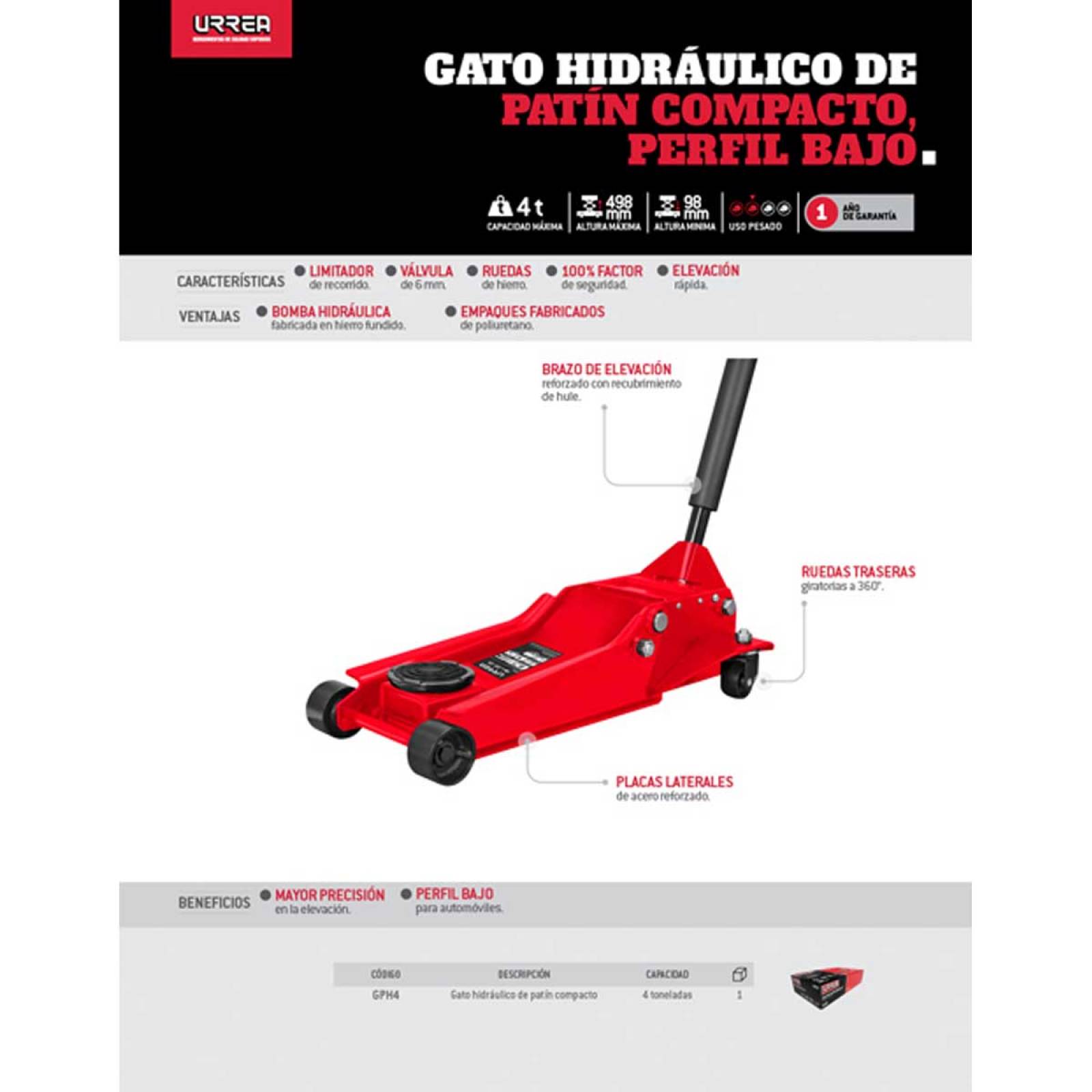 Gato Patin Hidraulico 4 Ton Levanta 50cm Mecanico Auto Urrea 