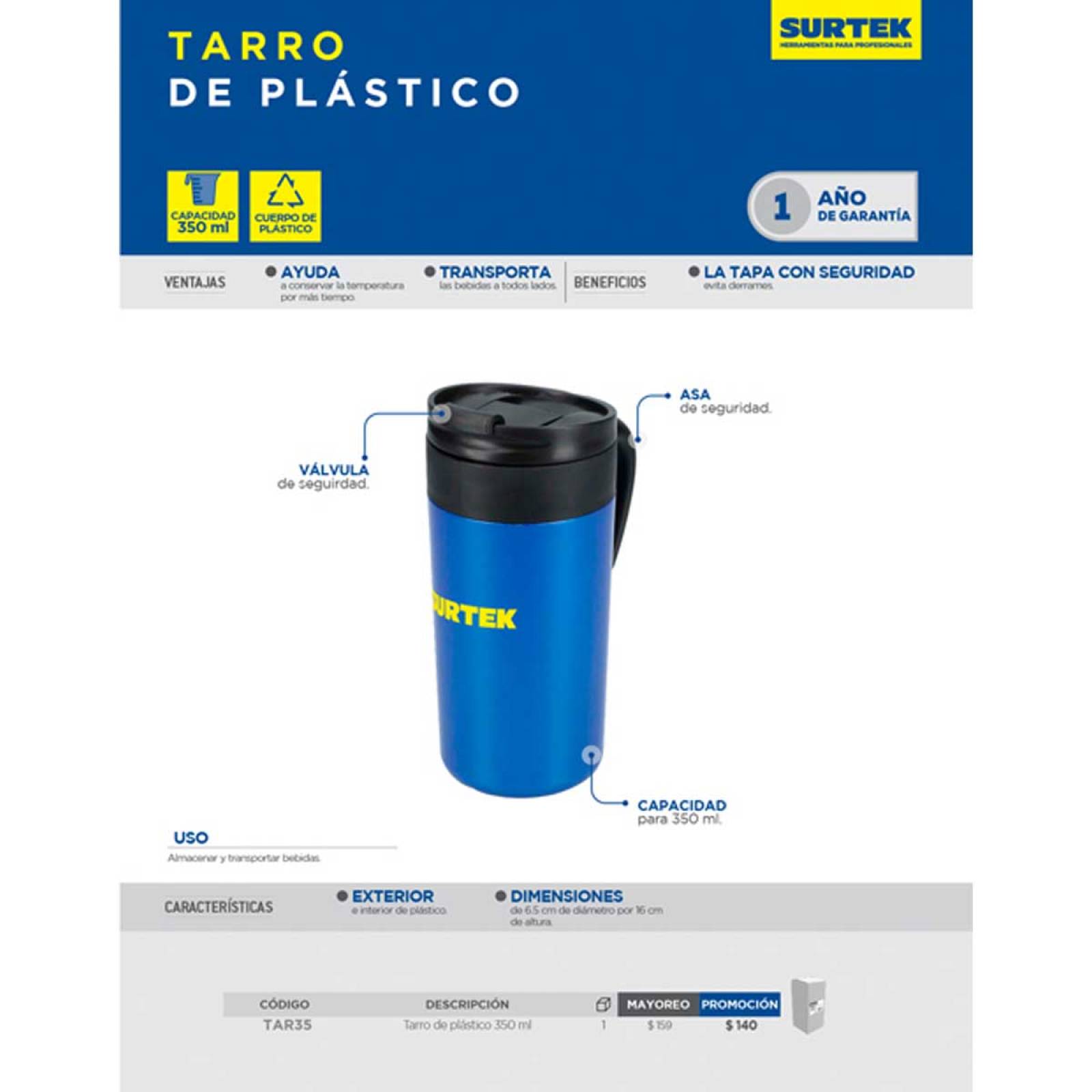 Termo Tarro Azul Botella Plastico 350 Ml Café Te Agua Surtek 