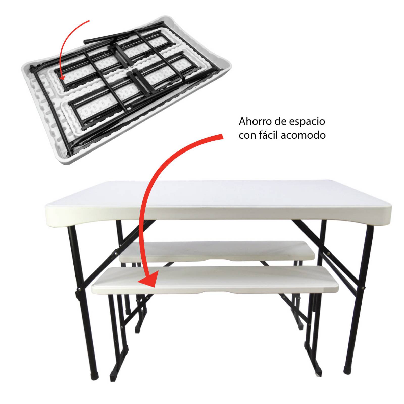 Mesa Plegable 105cm Rectangular + Bancos Portafolio Picnic
