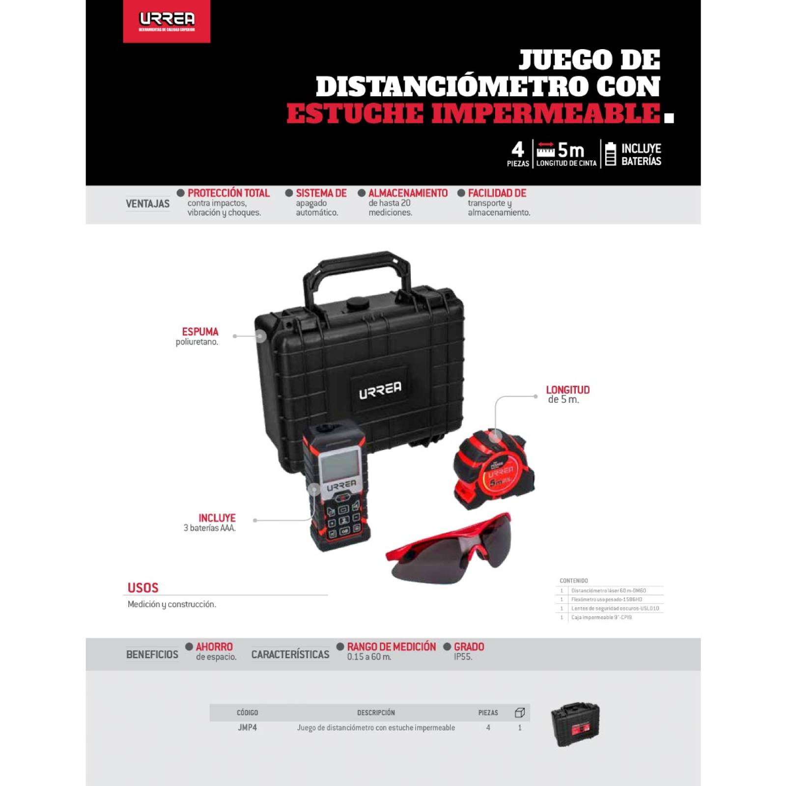 Distanciometro Medidor Laser Juego De Medicon 4 Pzas Urrea