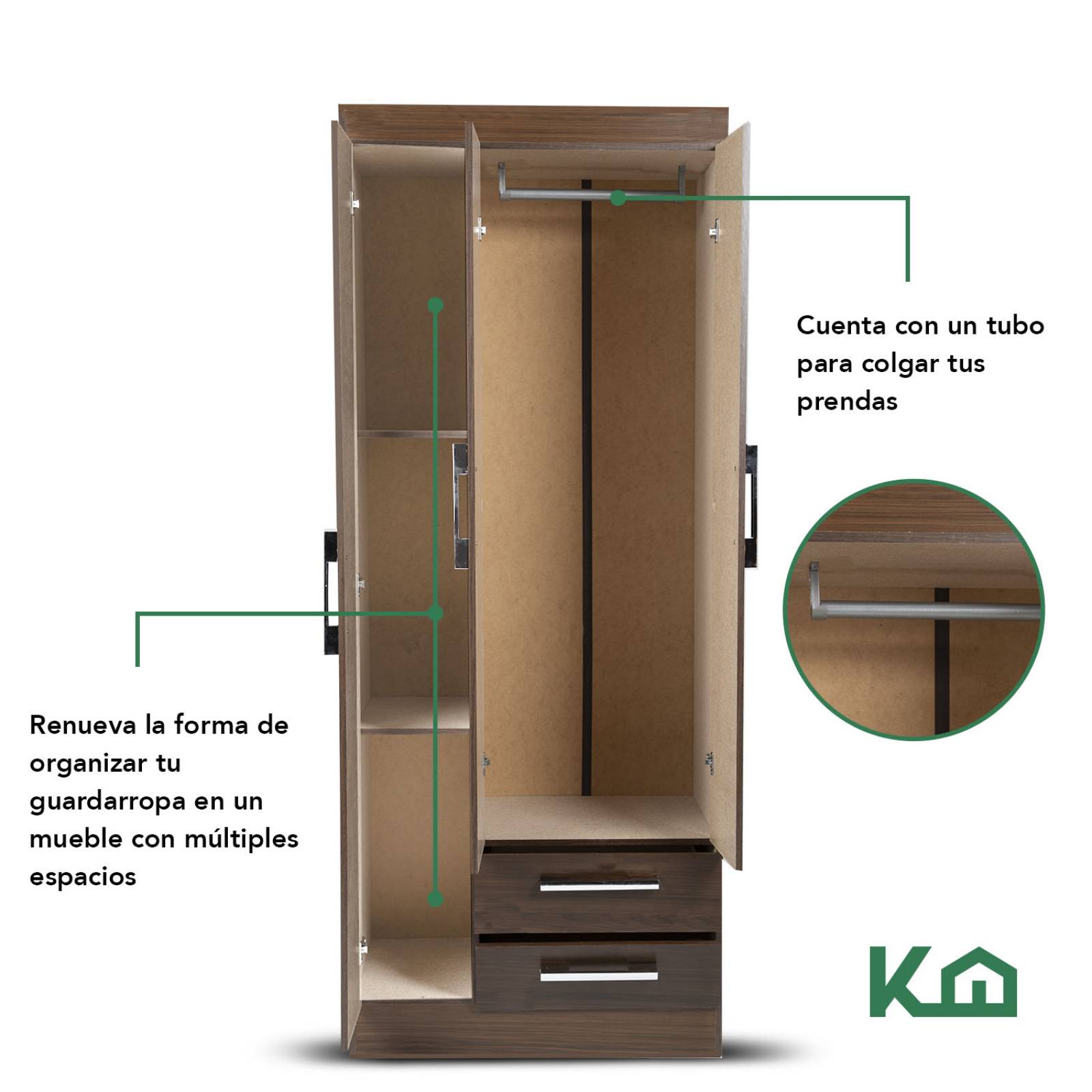 Ropero Closet Moderno 3 Puertas 2 Cajones Eco Color Tabaco 131310 KingsHouse 