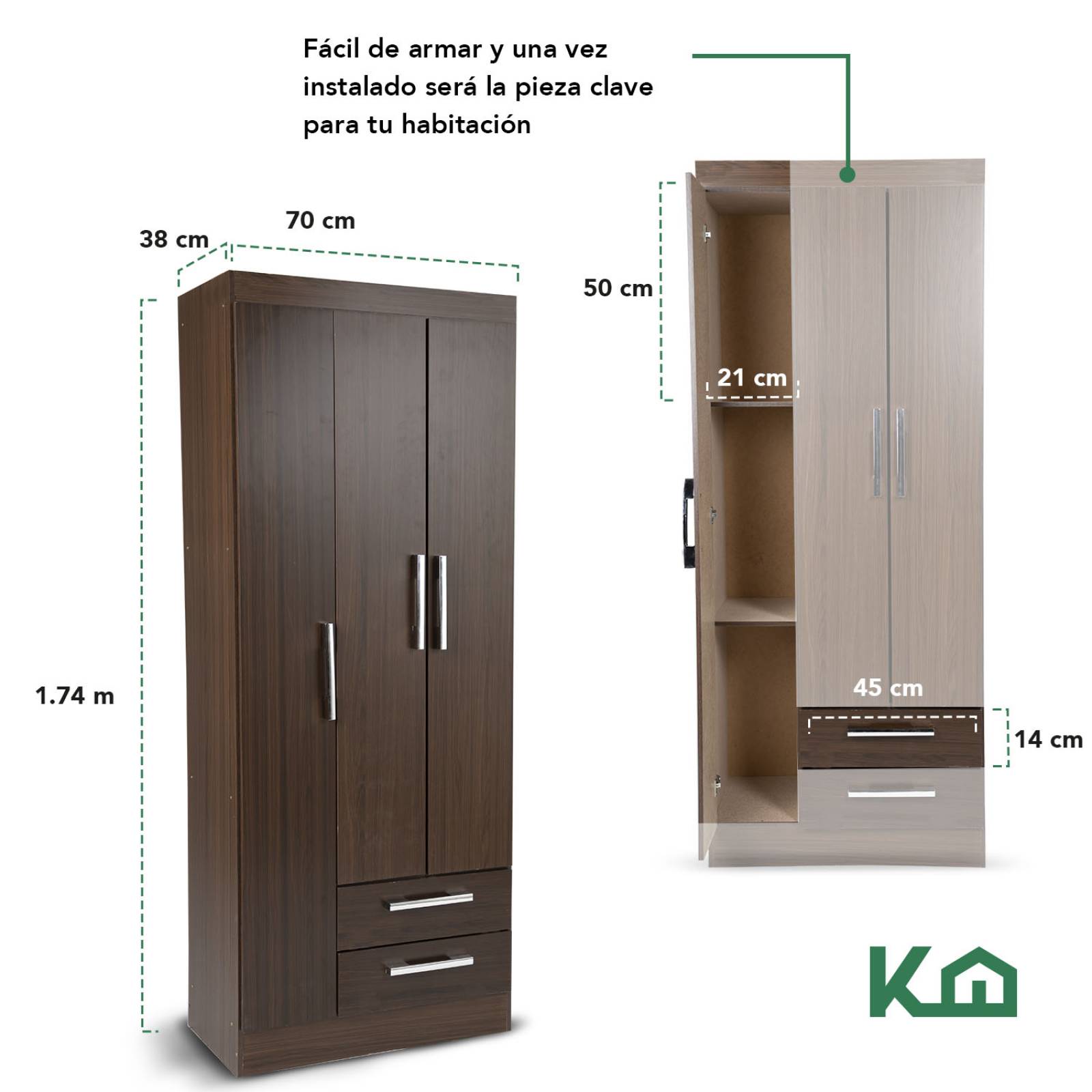 Ropero Closet Moderno 3 Puertas 2 Cajones Eco Color Tabaco 131310 KingsHouse 