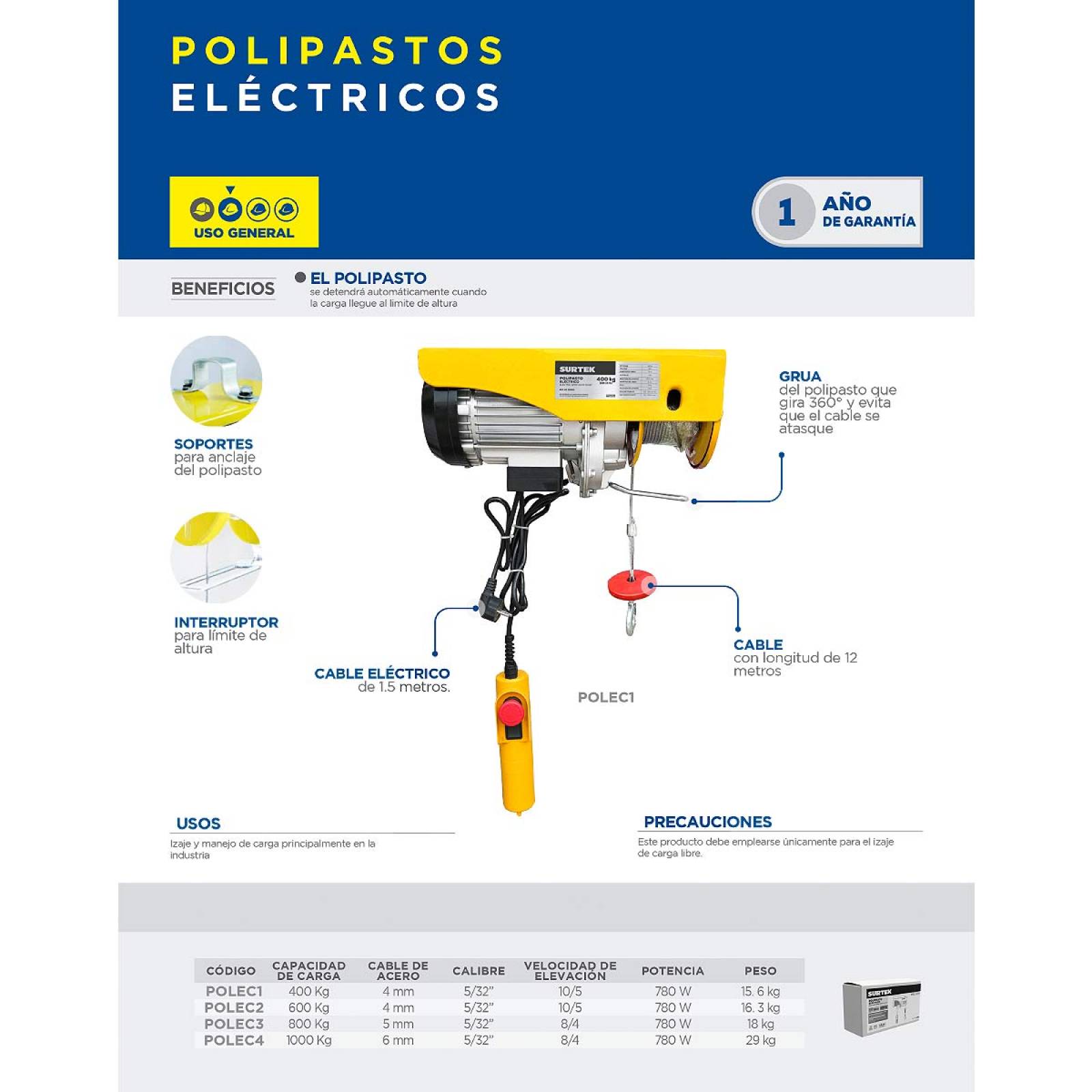 Polipasto Electrico Garrucha 110v 1300w Gancho Carga 800 Kgs 