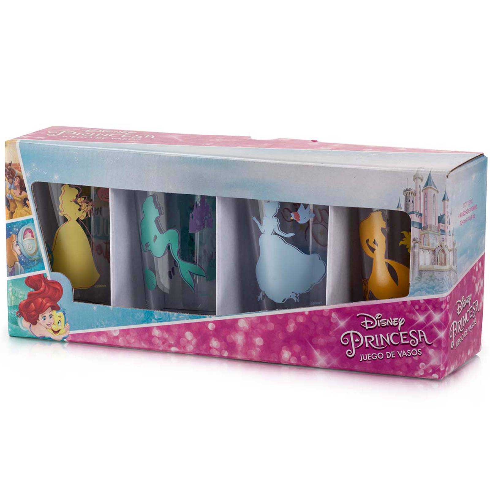 Vasos Vidrio Princesas Disney 324ml 4pzs Bebida Niñas Libbey 