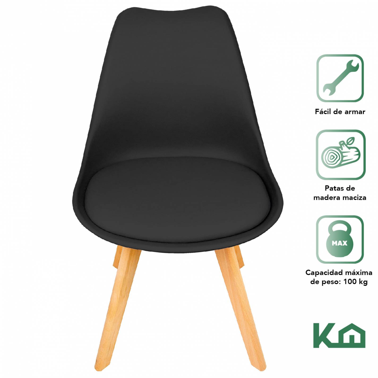 Silla Tipo Eames Madera Tulip Asiento Acolchonado Vinipiel Multicolor Negro