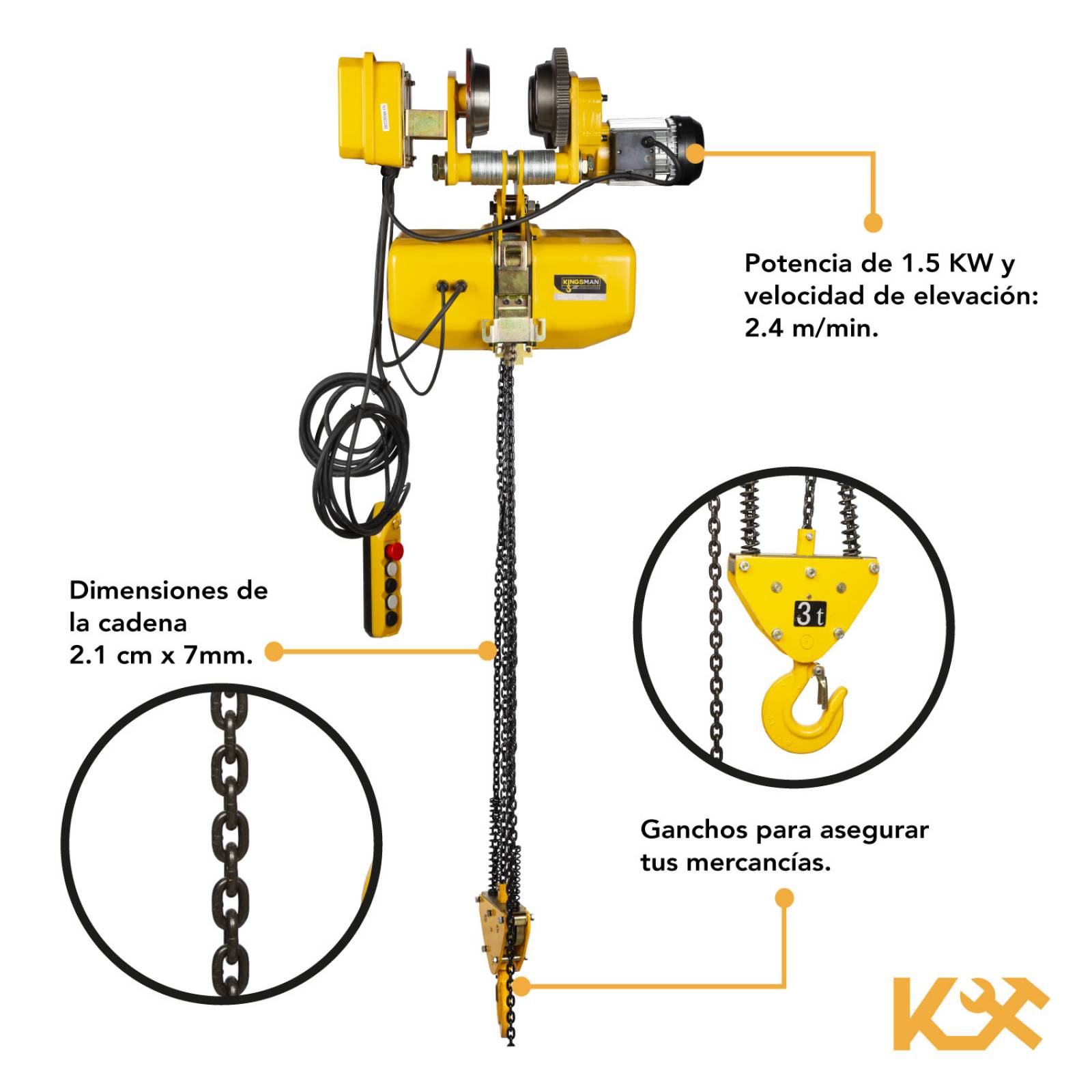 Trole Electrico Con Polipasto Electrico de Cadena de 3000 Kg 220V Cadena 6 m HHDD-K3 KINGSMAN 