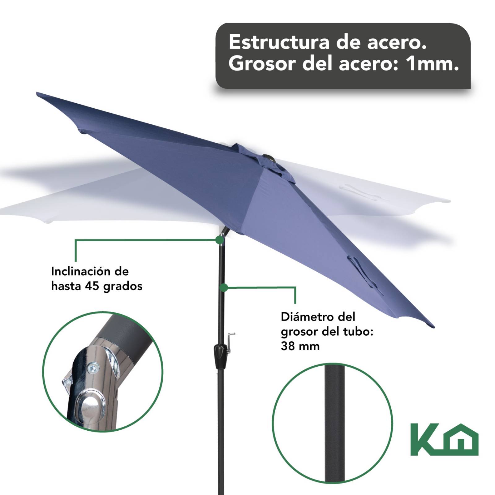 Sombrilla Para Jardín 2.70mts Angulo De Inclinacion Patio Azul