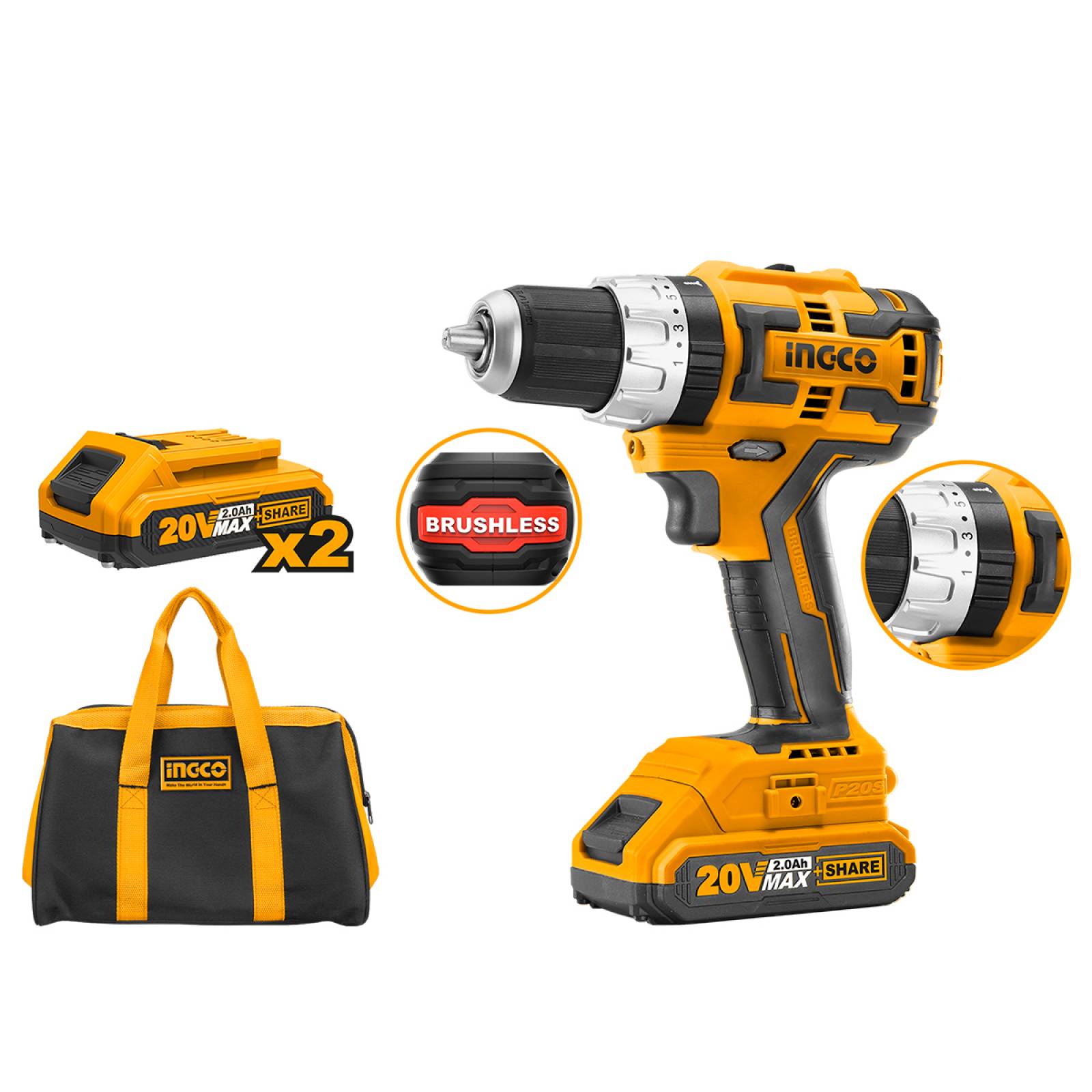 Taladro Inalambrico 20v Brushless + 2 Baterias Maleta Ingco 